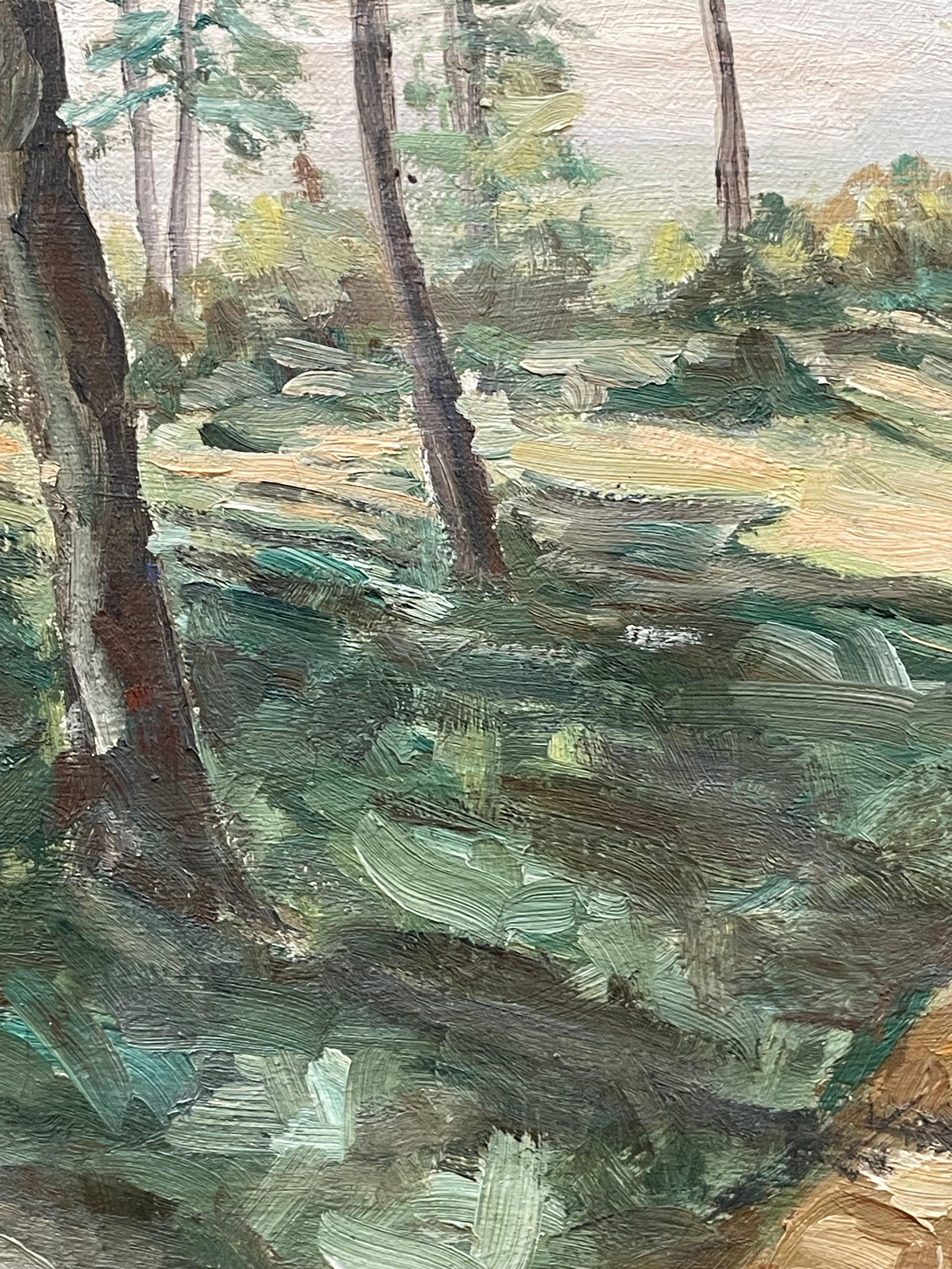 Paisaje de mediados del siglo XX Pintura al óleo de la década de 1940 de K. Ploug con motivo de bosque en venta 1
