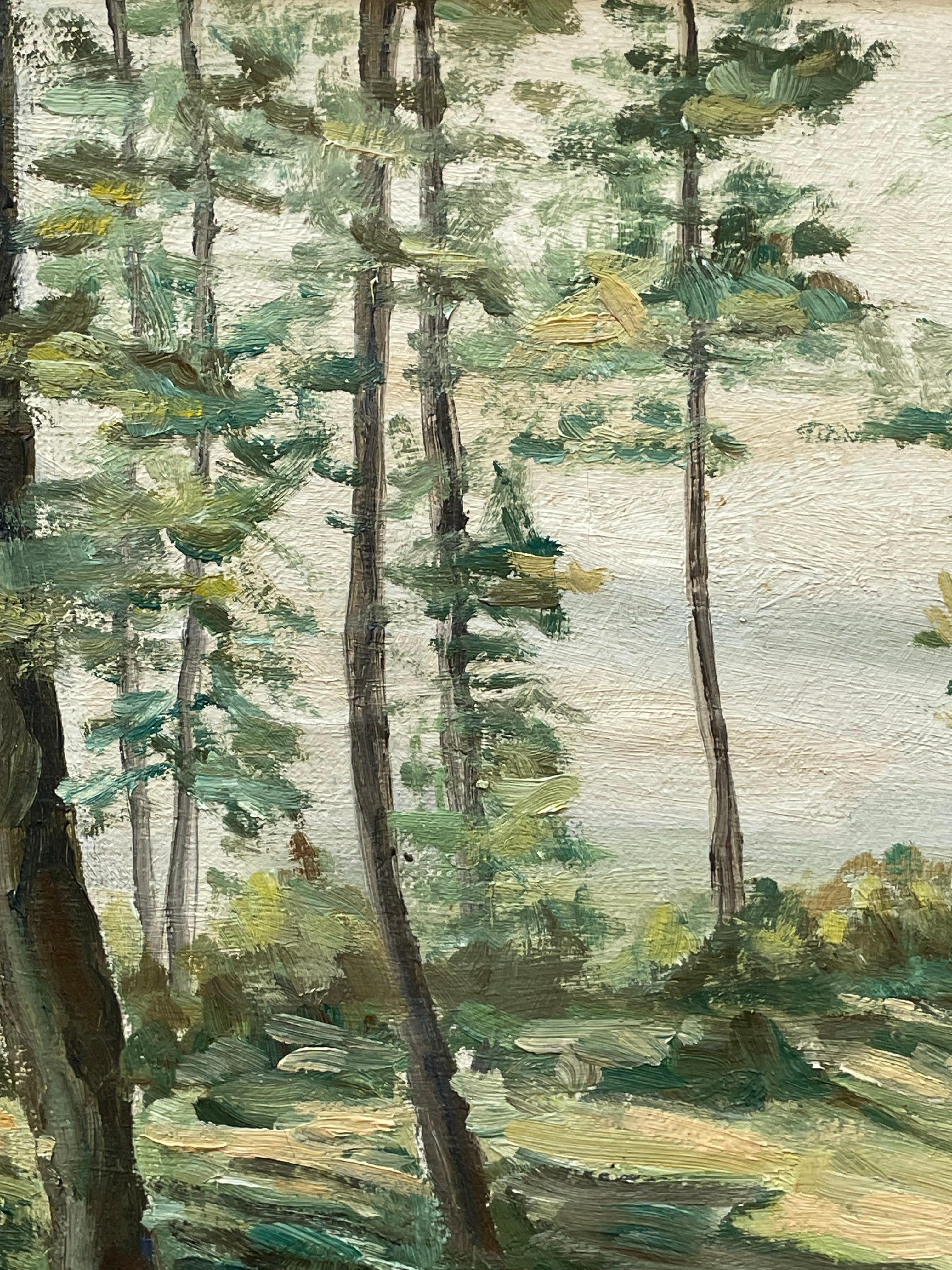 Paisaje de mediados del siglo XX Pintura al óleo de la década de 1940 de K. Ploug con motivo de bosque en venta 2