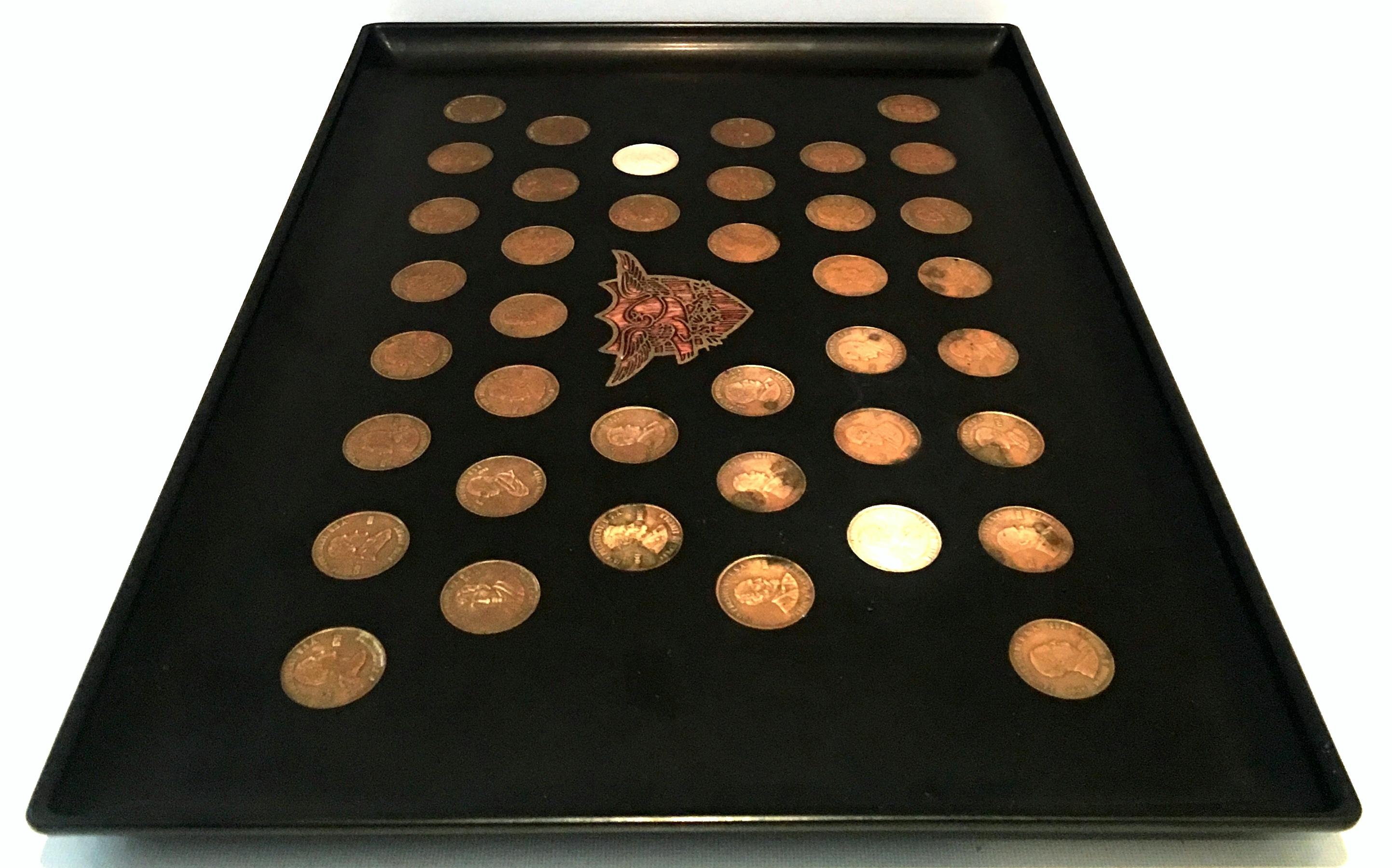 American Mid-20th Century Large Black Lacquer Presidential Coin Inlay Tray by Couroc For Sale