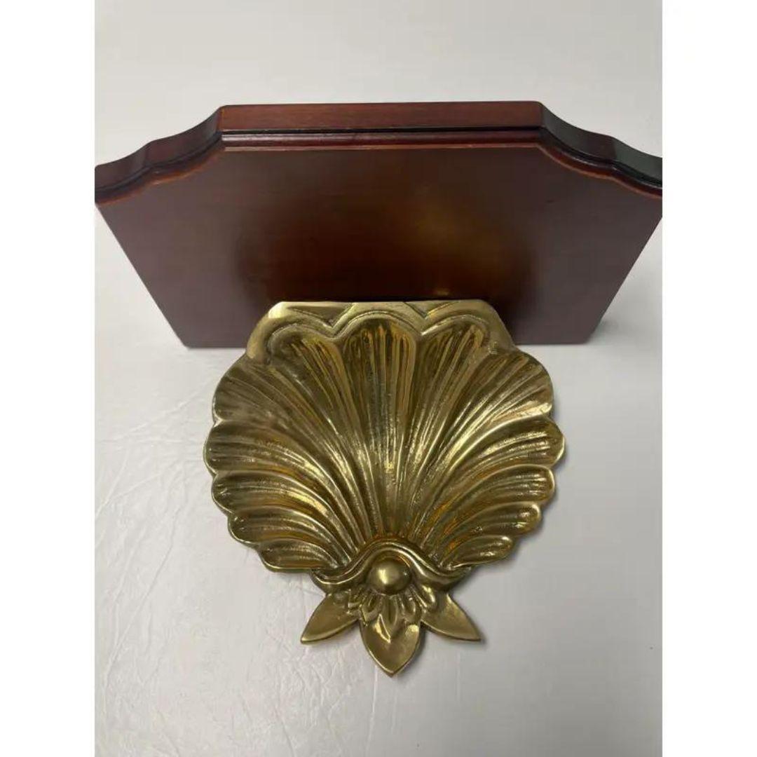 Mid 20th Century Large Brass and Wood Scallop Wall Bracket, Sconce, Shelf For Sale 1
