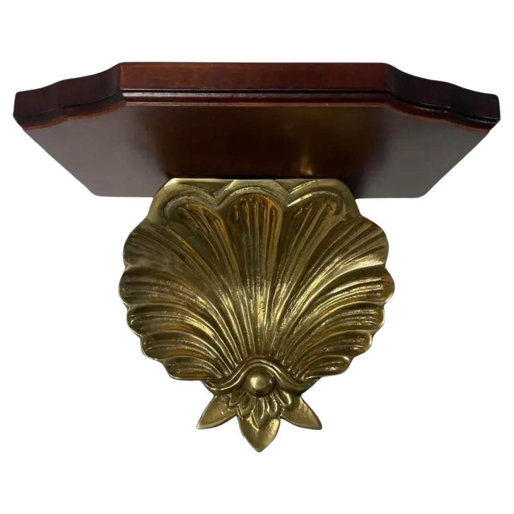 Mid 20th Century Large Brass and Wood Scallop Wall Bracket, Sconce, Shelf For Sale