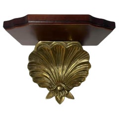 Used Mid 20th Century Large Brass and Wood Scallop Wall Bracket, Sconce, Shelf