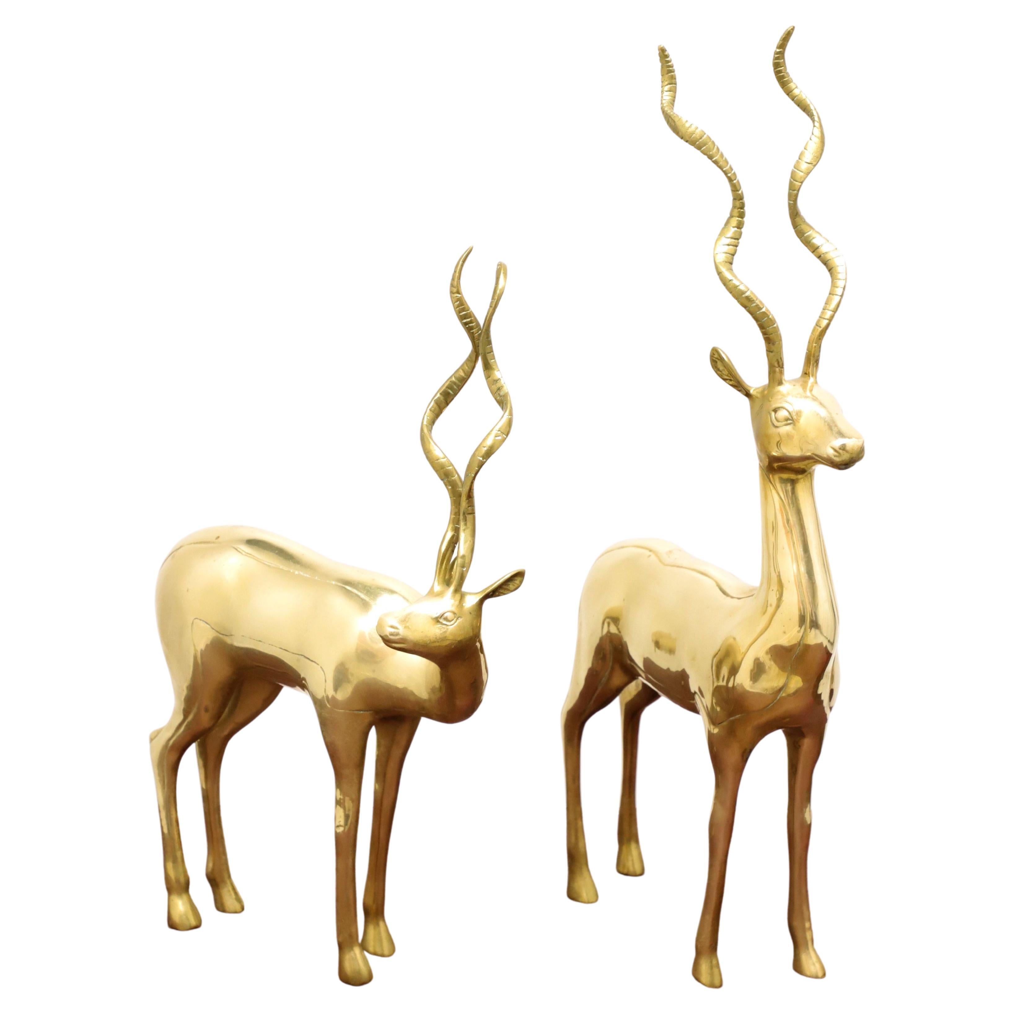 Mid 20th Century Large Brass Standing Antelope Sculptures - Pair For Sale