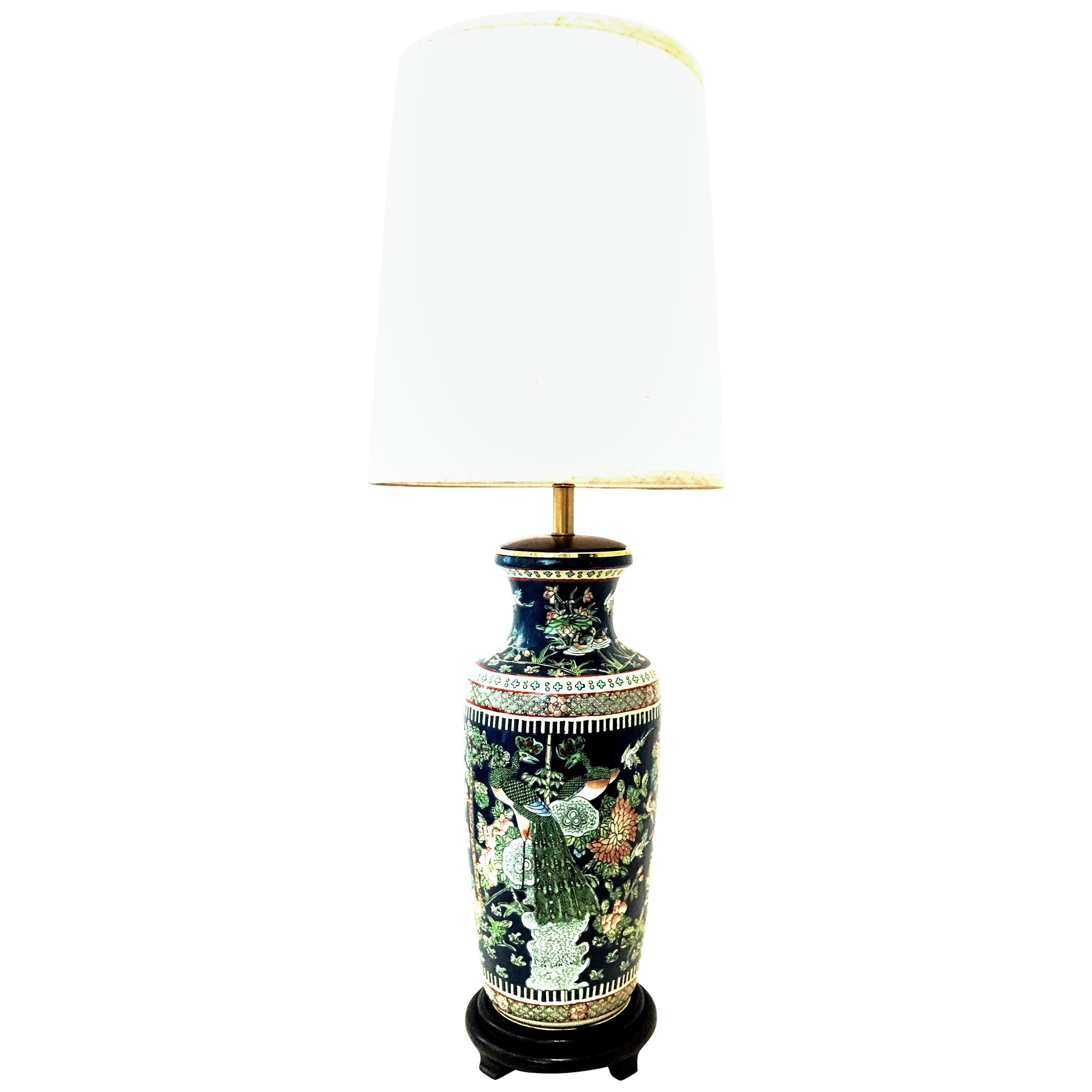Mid-20th Century Large Famille Hand Painted Porcelain & Brass Wood Mounted Lamp For Sale