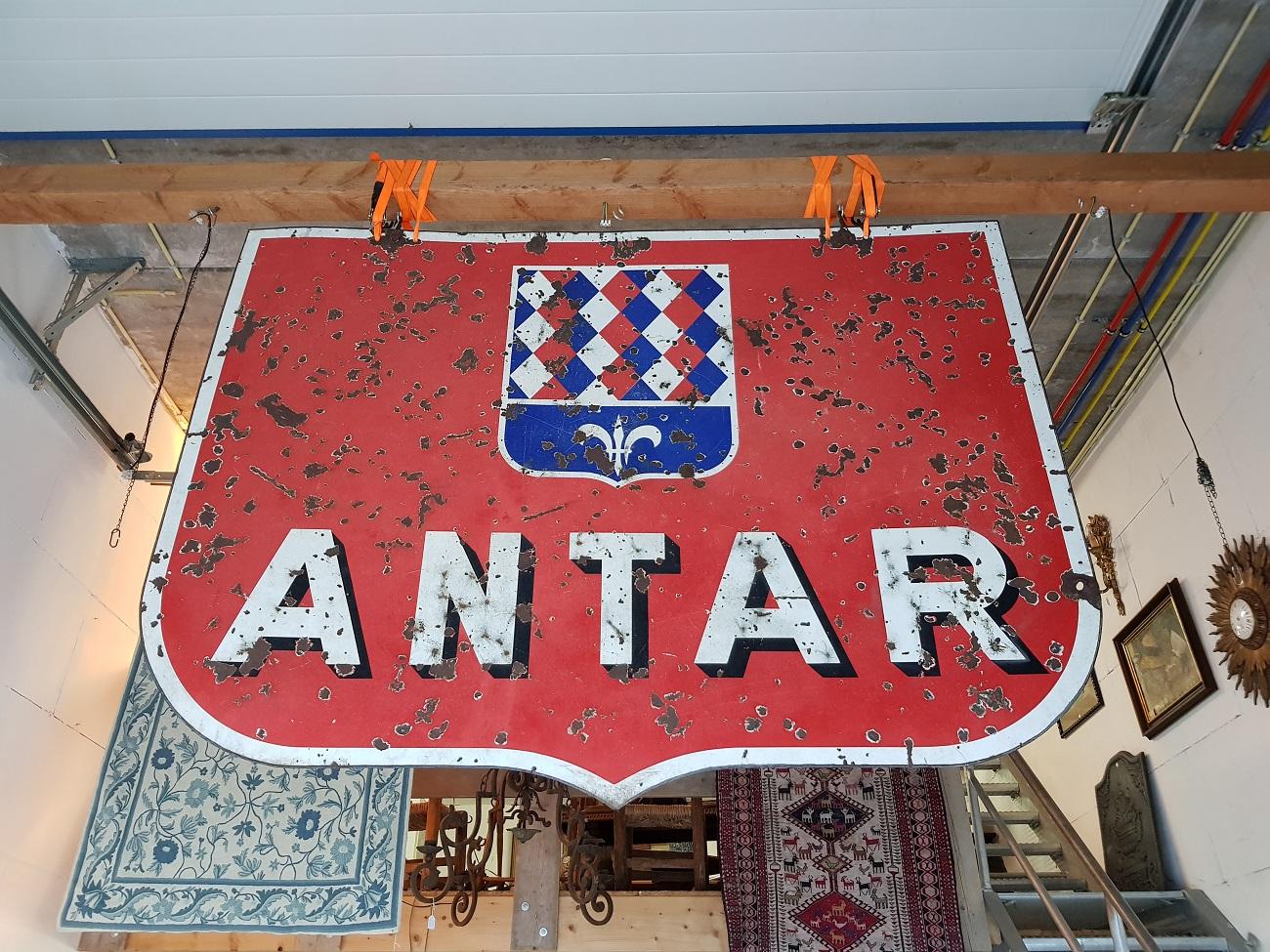 Very large old French double-sided enamel Antar oil billboard from the 1950s-1960s and maybe older.

The measurements are,
Depth 0.4 cm/ 0.15 inch.
Width 200 cm/ 78.7 inch.
Height 150 cm/ 59 inch.