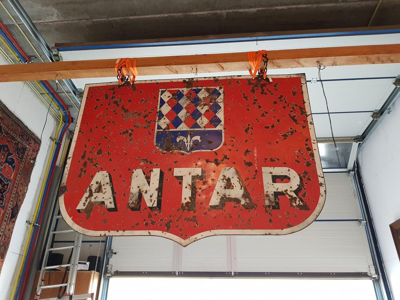 Enameled Mid-20th Century Large French Double-Sided Enamel Antar Oil Sign For Sale