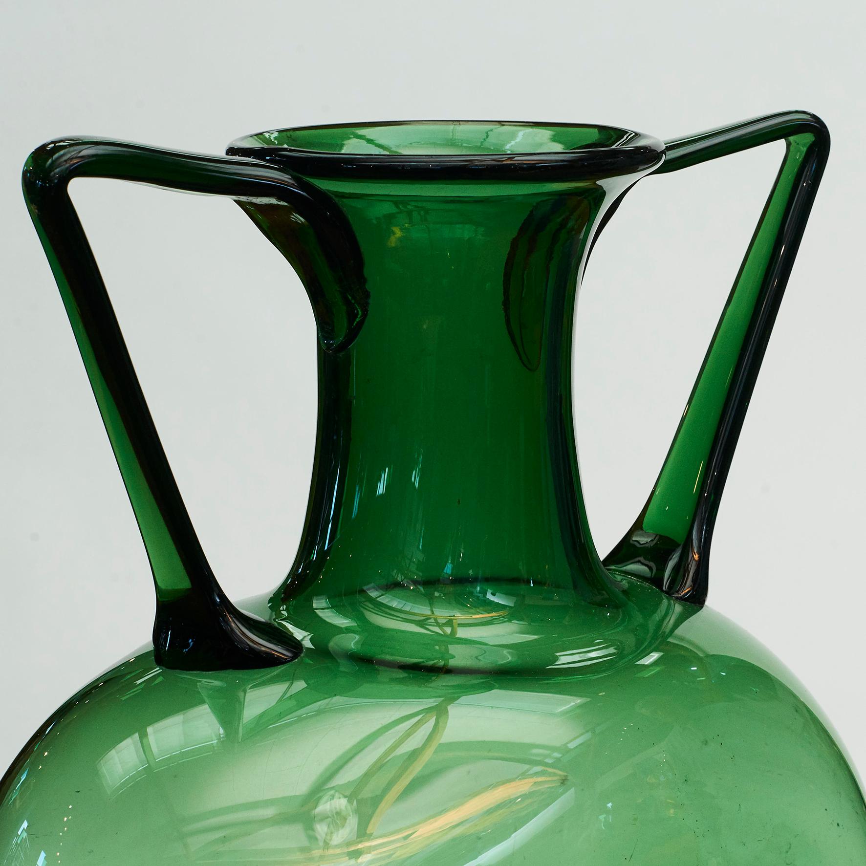 Mid-20th Century Large Green Hand Blown Glass Vase with Handles 2