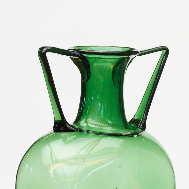 Mid-20th Century Large Green Hand Blown Glass Vase with Handles at 1stDibs