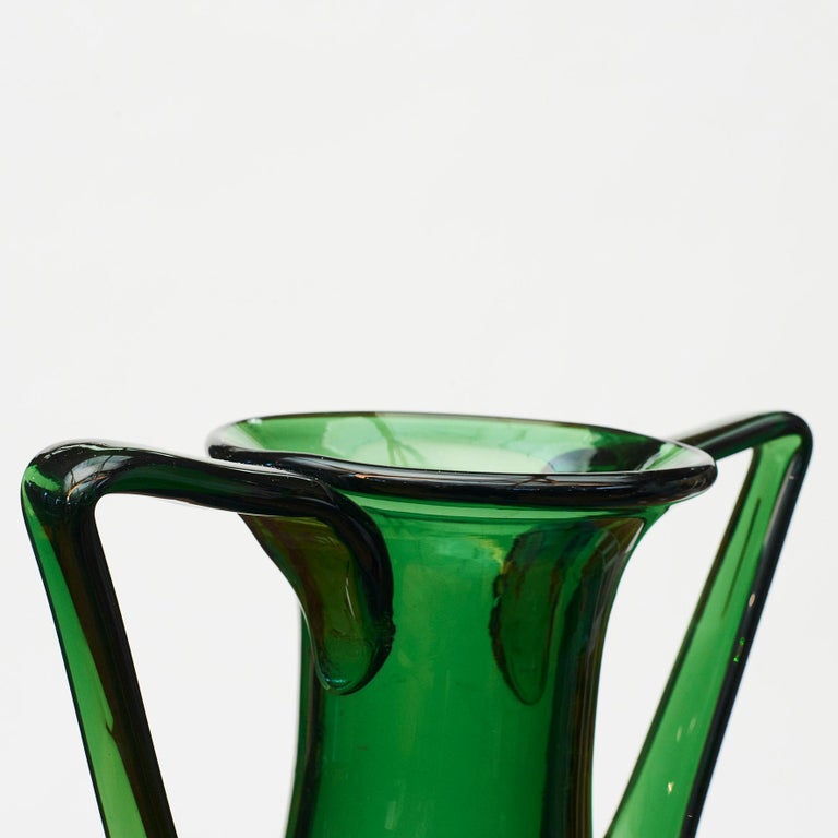 Mid20th Century Large Green Hand Blown Glass Vase with Handles at 1stDibs