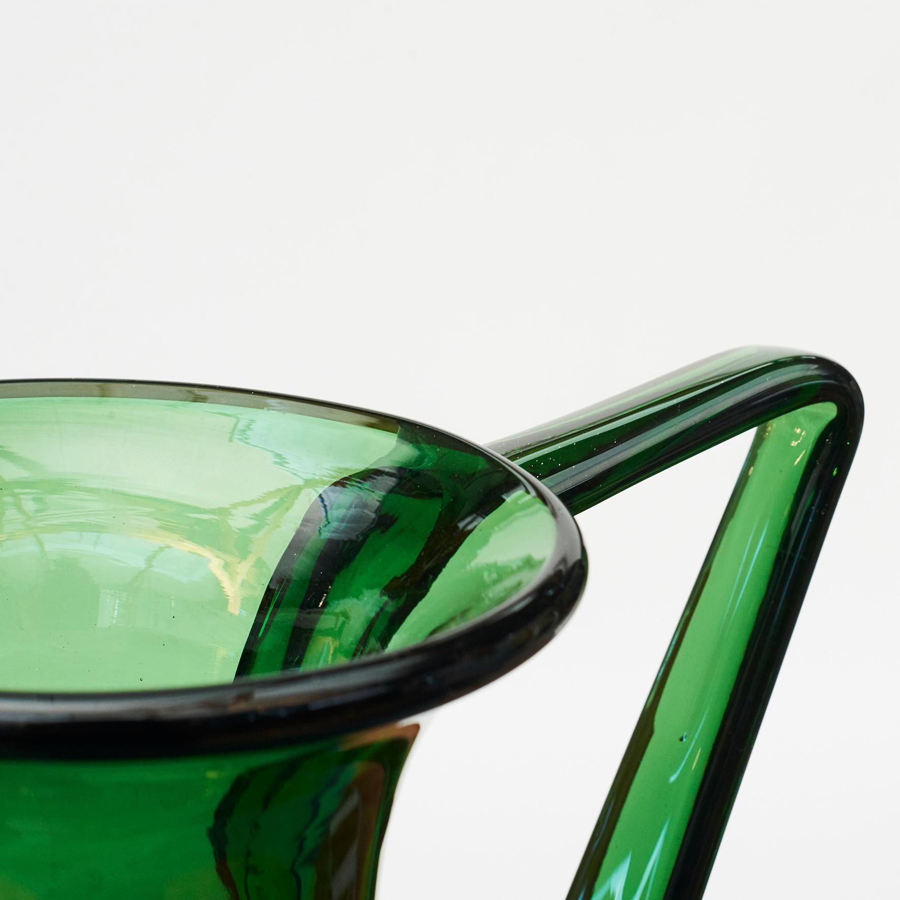 Italian Mid-20th Century Large Green Hand Blown Glass Vase with Handles