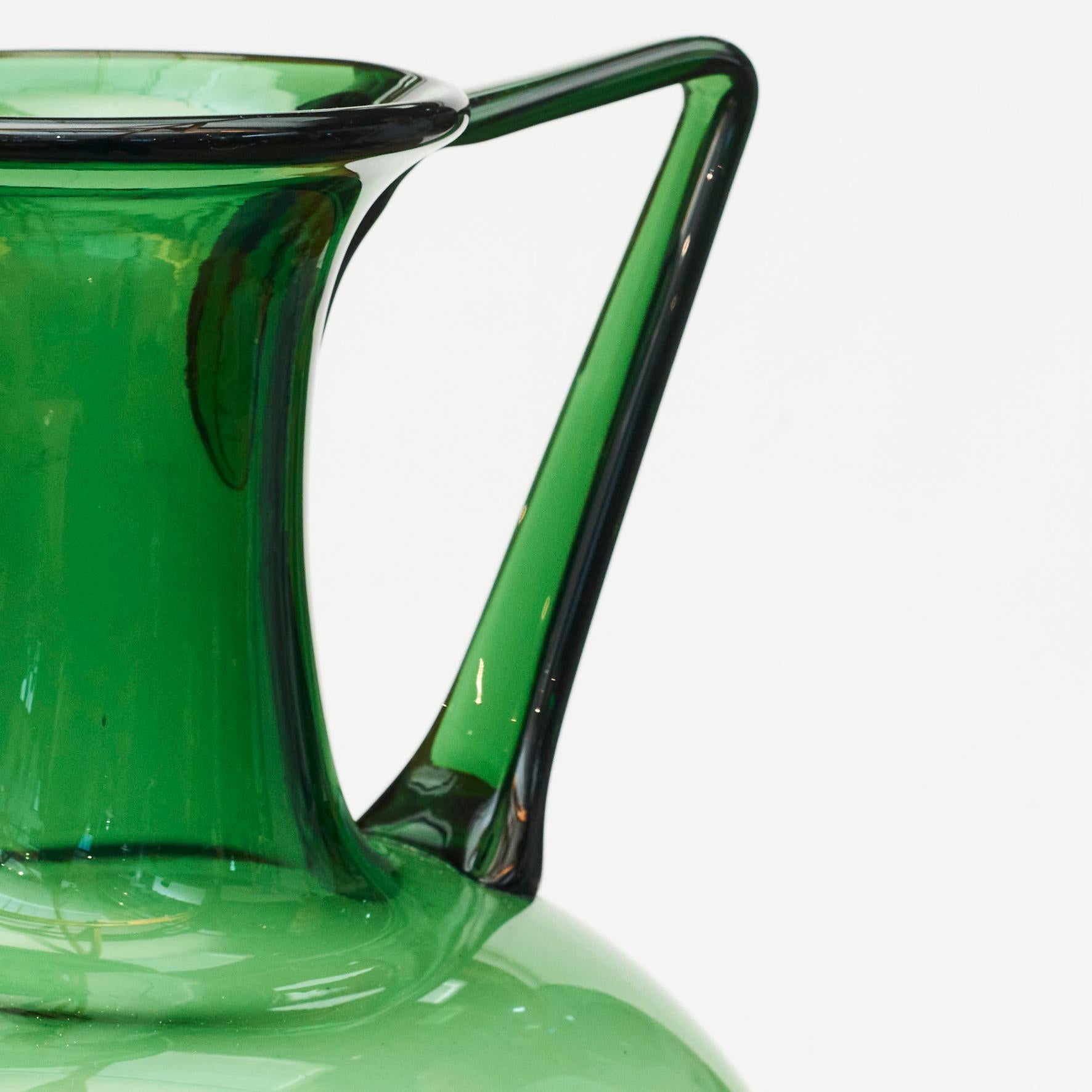 Mid-20th Century Large Green Hand Blown Glass Vase with Handles 1