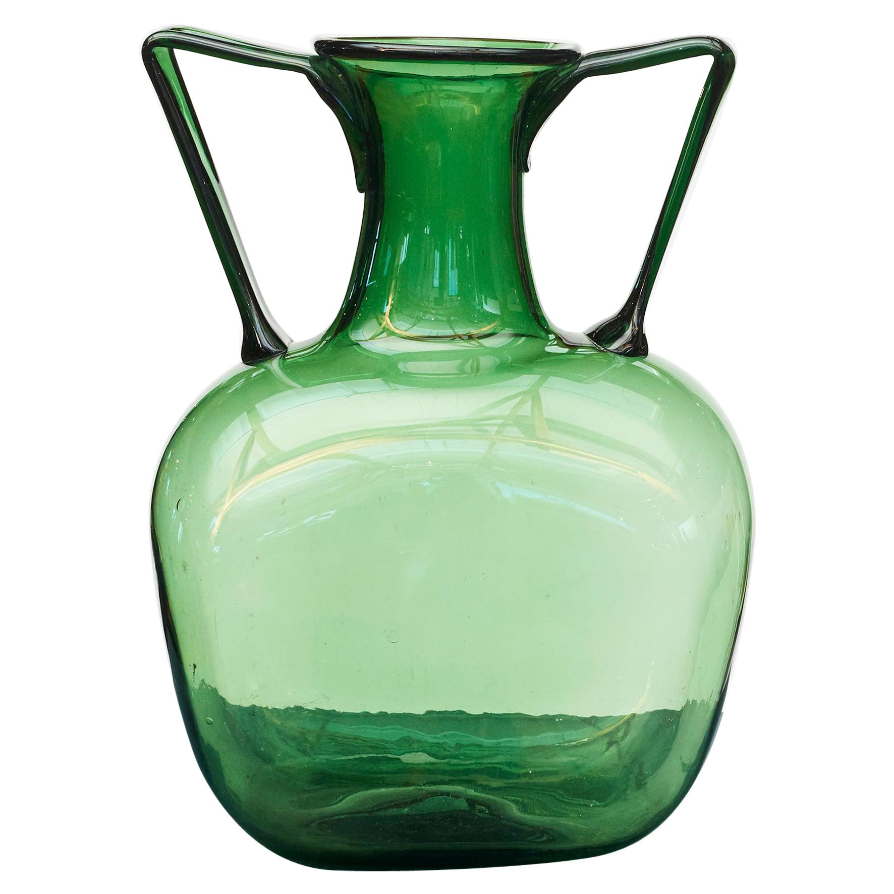 Mid-20th Century Large Green Hand Blown Glass Vase with Handles