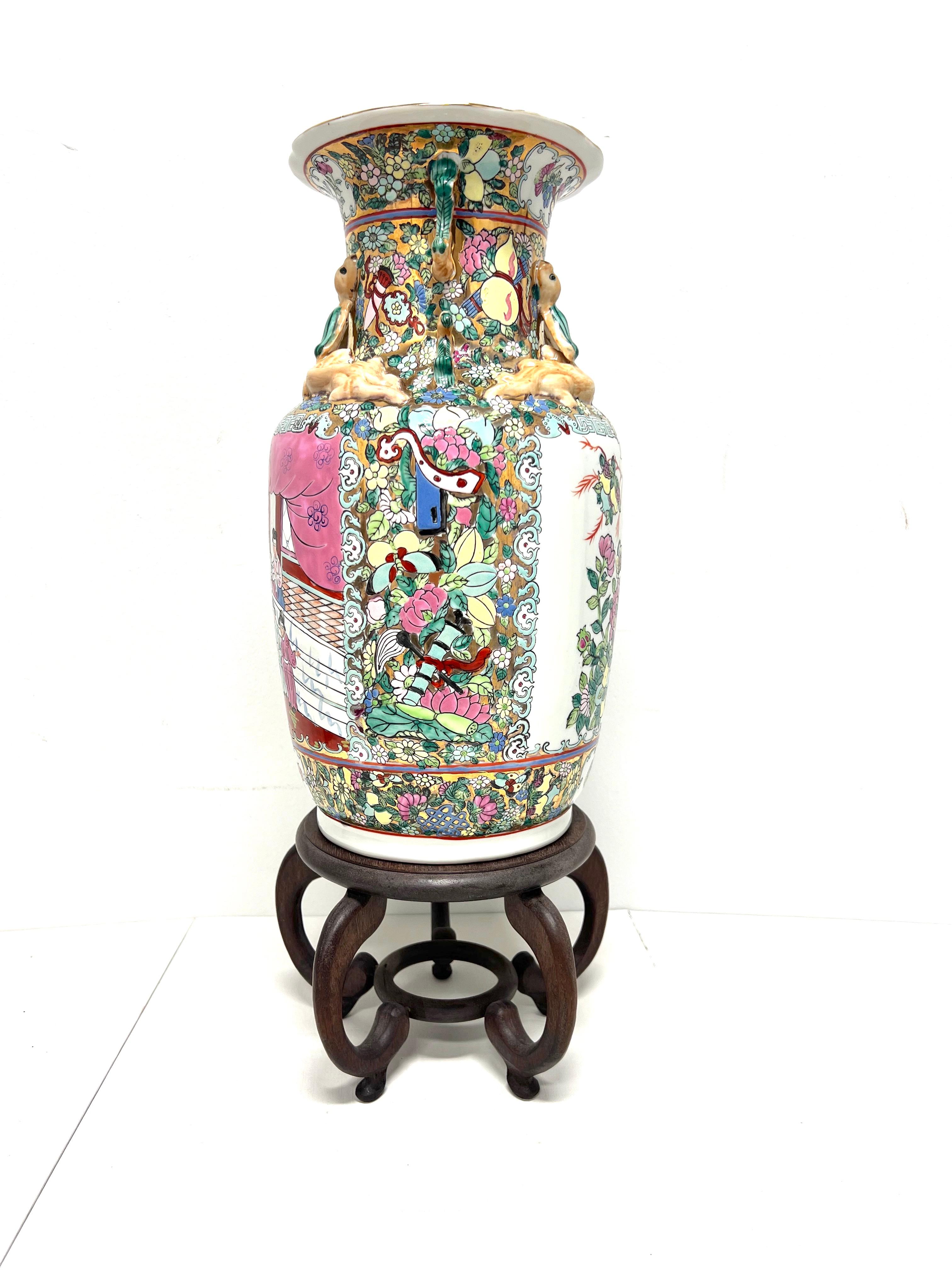 Asian Mid 20th Century Large Hong Kong Chinese Porcelain Hand Painted Vase on Stand For Sale