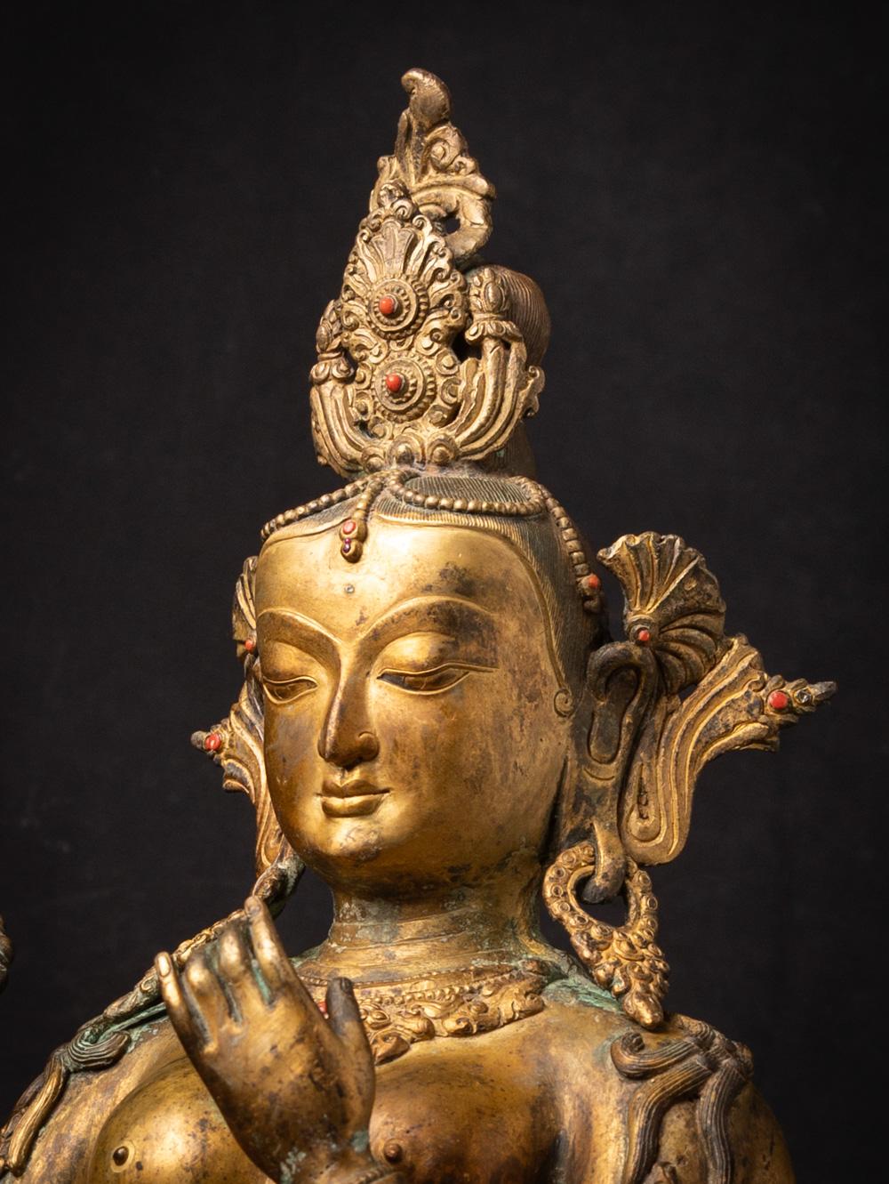 Mid 20th century large old bronze Nepali Saraswati statue with real gem stones 7