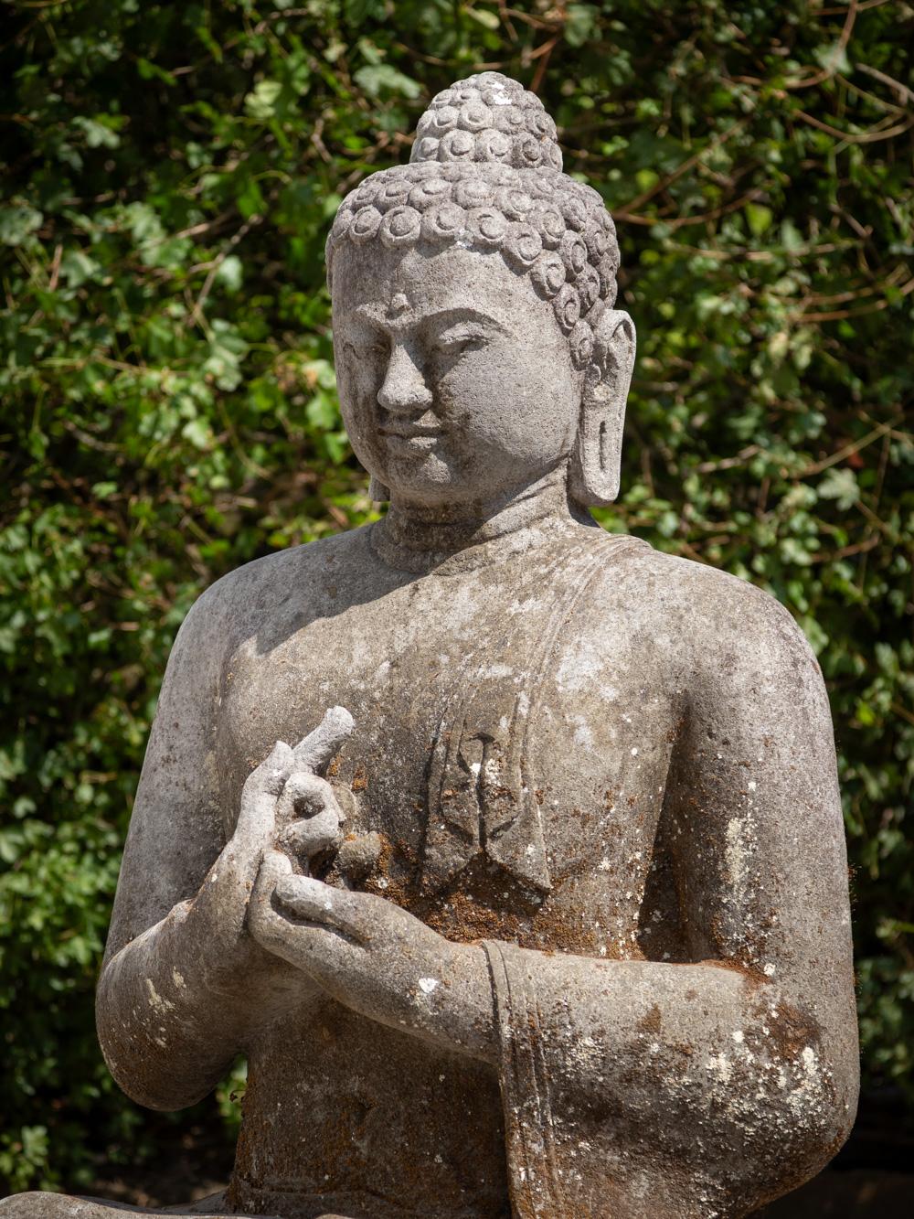 Mid 20th century large old lavastone Buddha statue in Dharmachakra mudra  In Good Condition For Sale In DEVENTER, NL