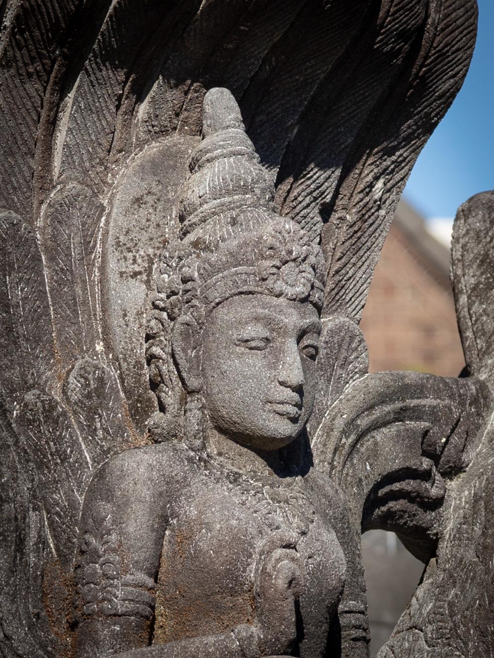 Mid-20th century large old lavastone Vishnu statue on Garuda bird For Sale 1