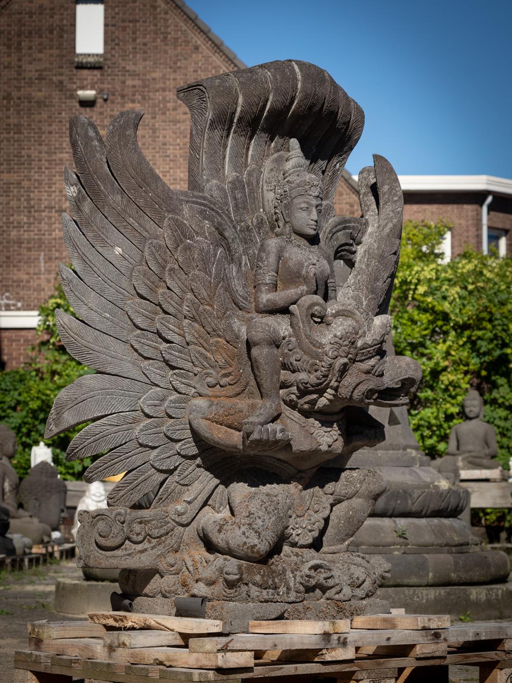 Indonesian Mid-20th century large old lavastone Vishnu statue on Garuda bird For Sale