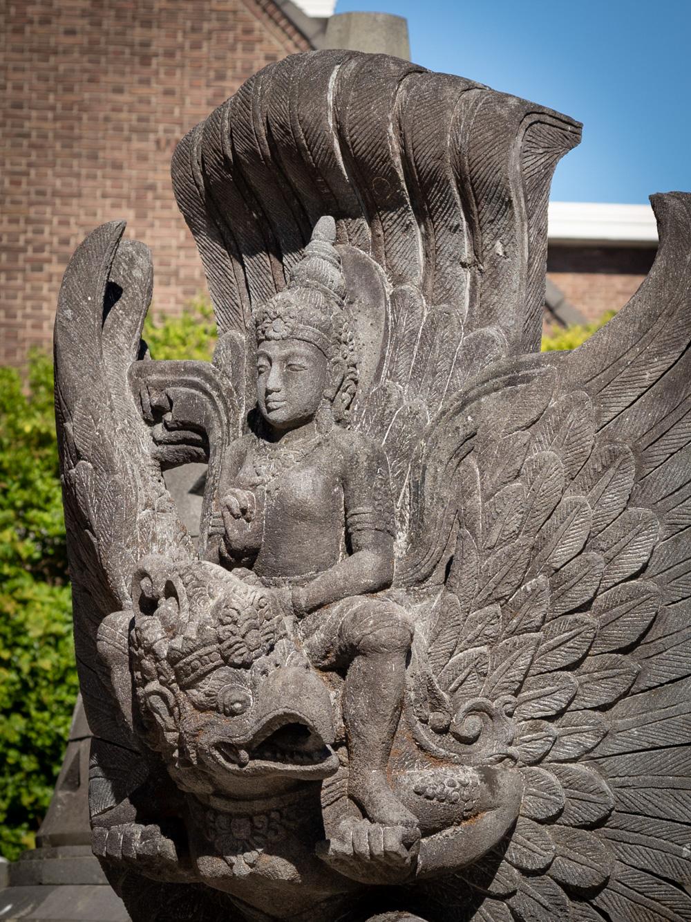 Lava Mid-20th century large old lavastone Vishnu statue on Garuda bird For Sale