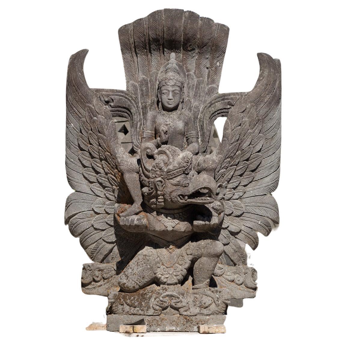 Mid-20th century large old lavastone Vishnu statue on Garuda bird For Sale