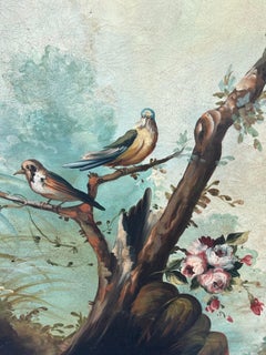 Gran cuadro al óleo de aves cantoras de mediados del siglo XX, obra de Ira Monte.