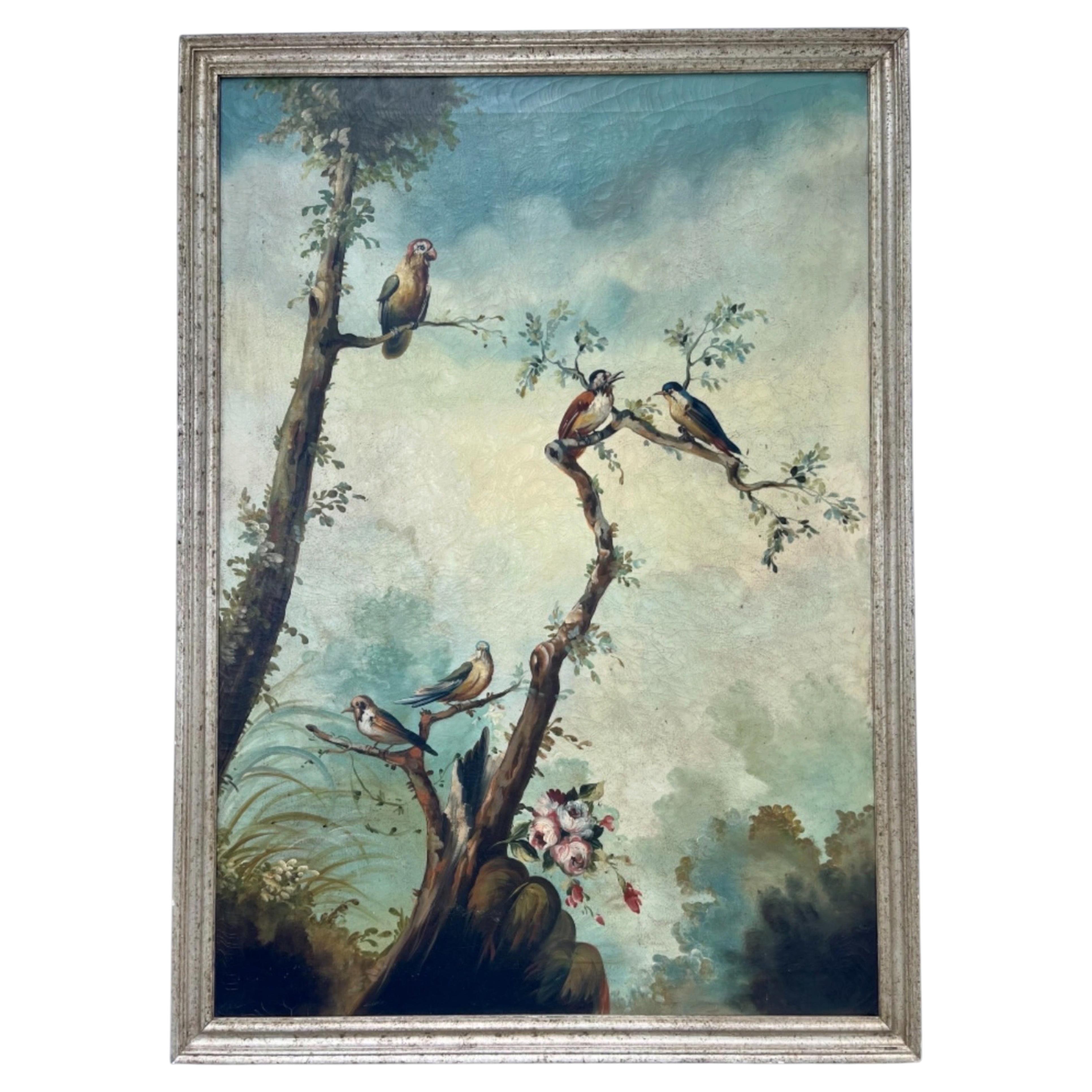 Mid-20th Century Large Ornithological Oil Painting of Songbirds by Ira Monte.