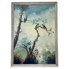 Gran cuadro al óleo de aves cantoras de mediados del siglo XX, obra de Ira Monte.