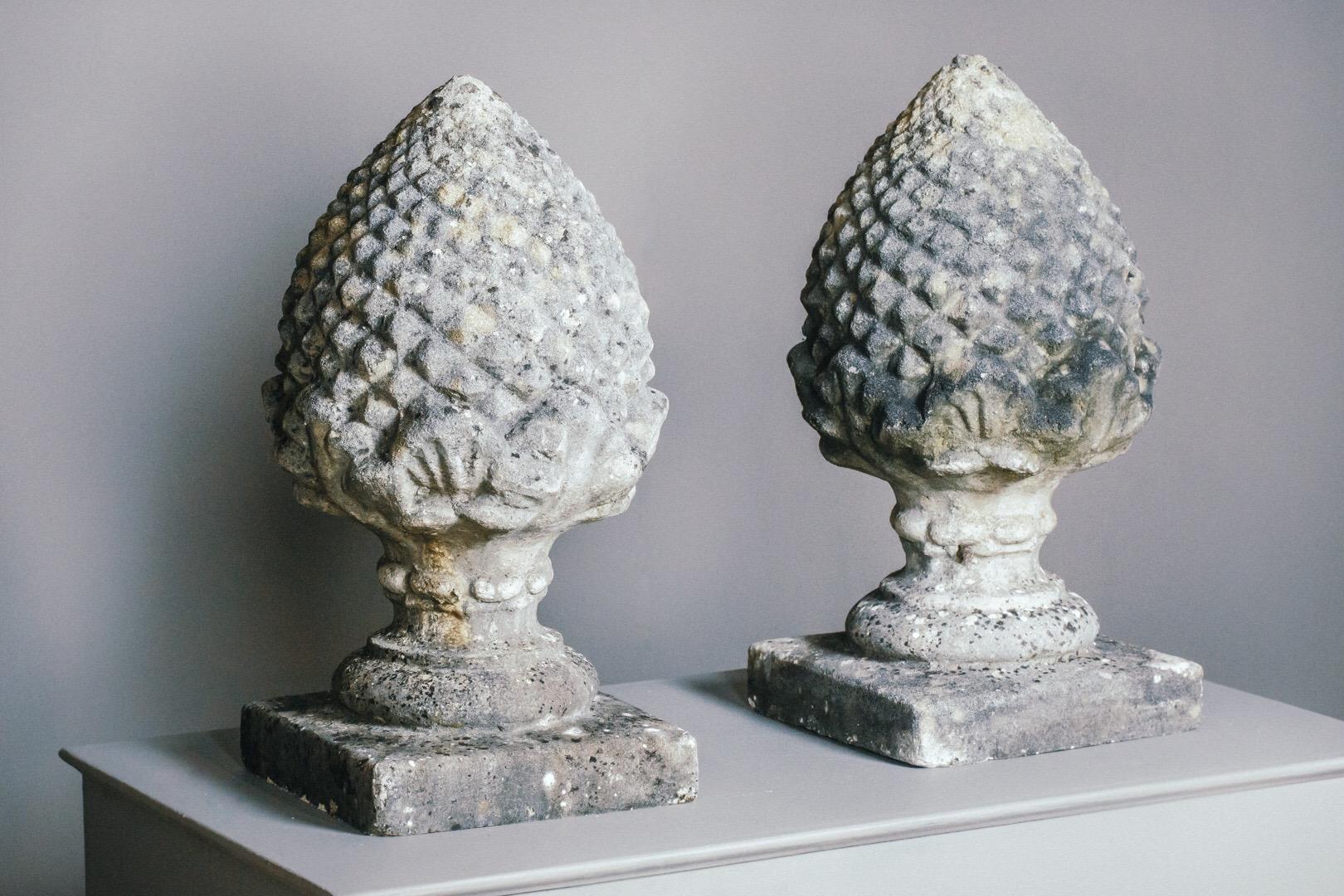 English Mid-20th Century Large Pair of Weathered Acorn Finials