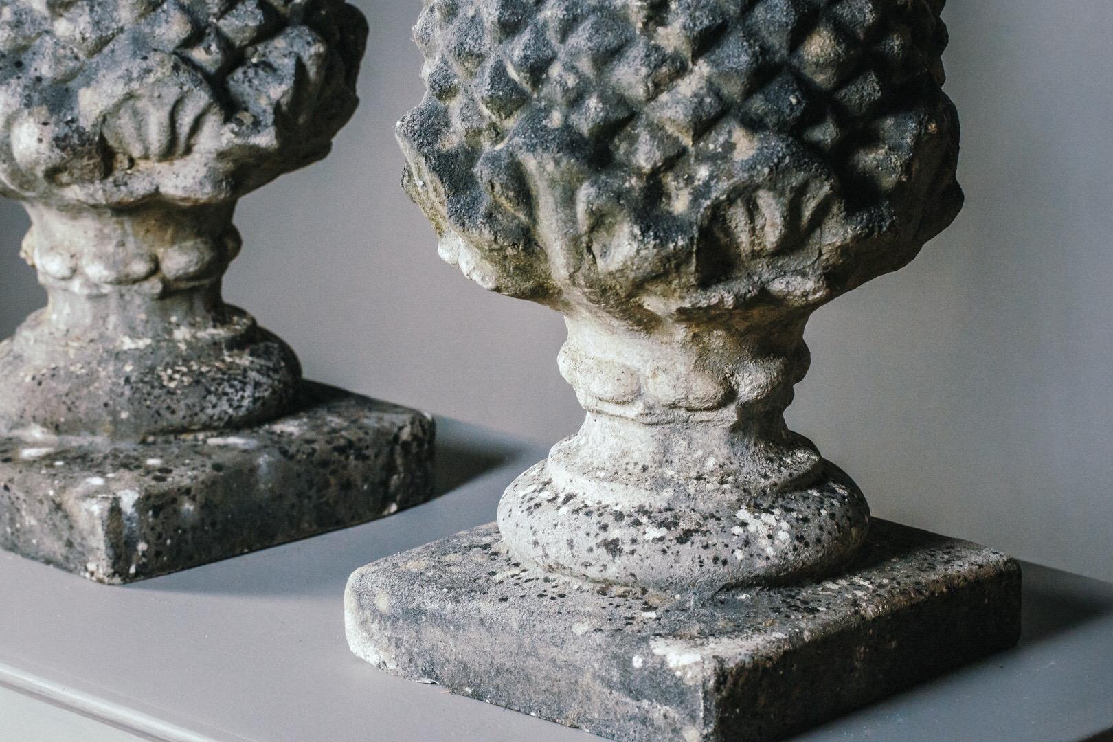 Cast Stone Mid-20th Century Large Pair of Weathered Acorn Finials