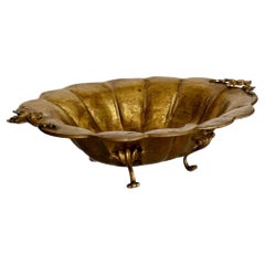 Mid-20th Century Large Scalloped & Floral Handles Brass Centerpiece Bowl