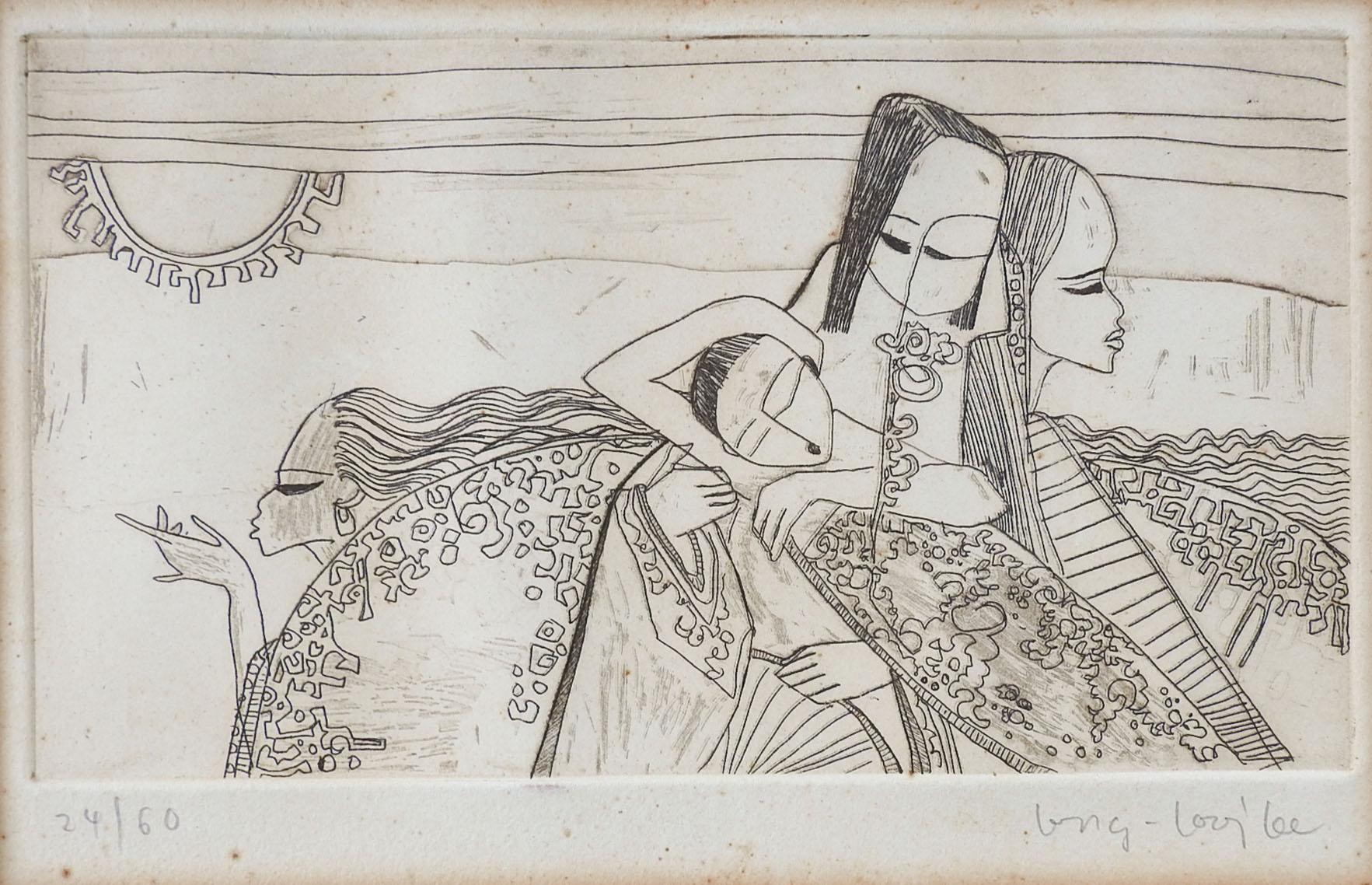 Etching on paper by Lee Long Looi (b. 1942) New York/Malaysia. Group of women in patterned robes. Signed and numbered 24/60 in pencil along bottom margin. Unframed. Displayed in original mat, opening size 10.5