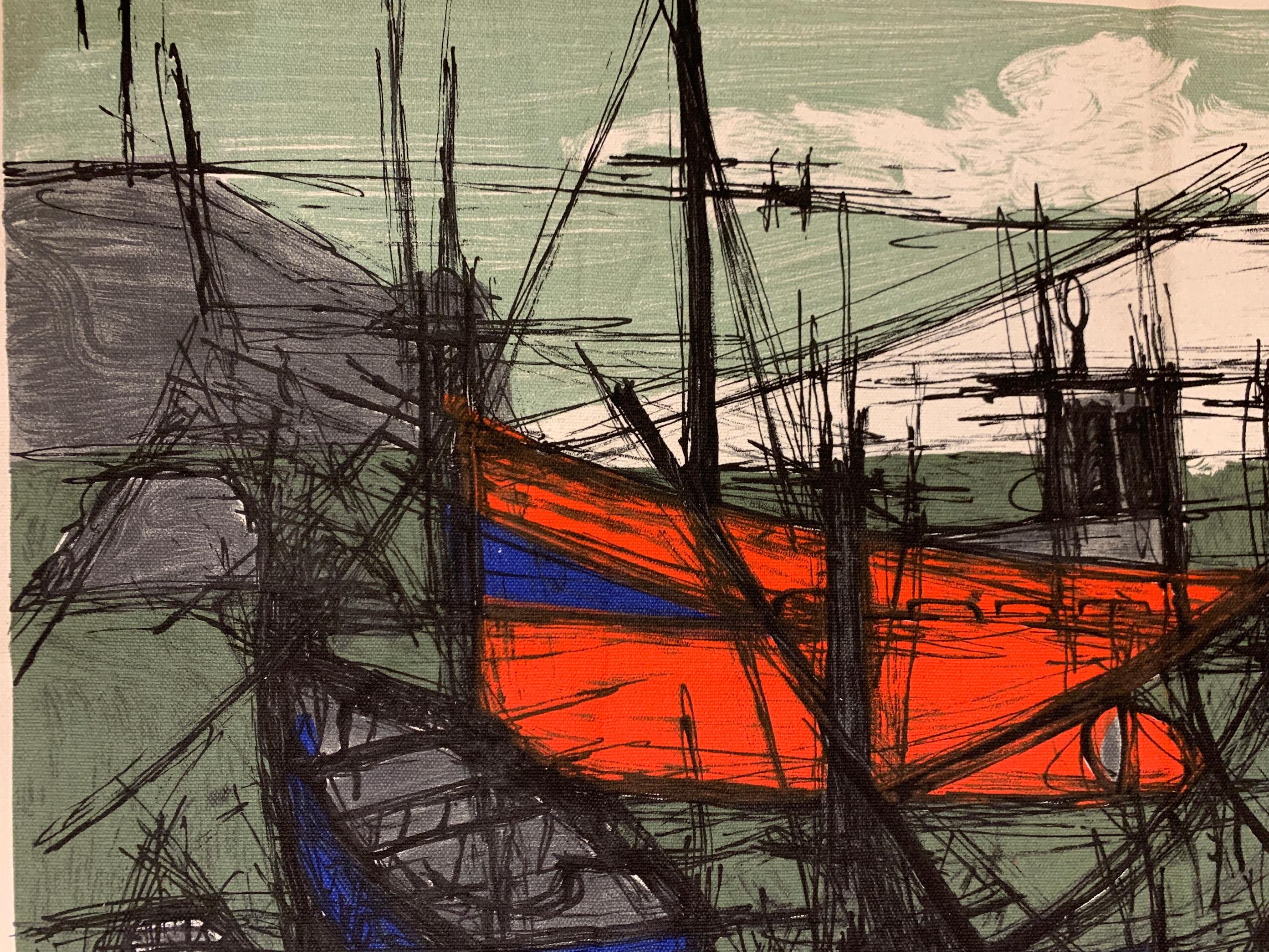 This striking mid 20th-Century modern wall hanging tapestry is titled “Les Bateaux” (The Boats),  printed in France by Henri Duprez et Cie, in collaboration with Éditions d’Art sur Textiles, Paris. 

The tapestry depicts bold boats in expressive and