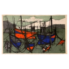 Mid 20th Century "Les Bateux" Tapestry -Printed on Canvas- "Henri Duprez et Cie"