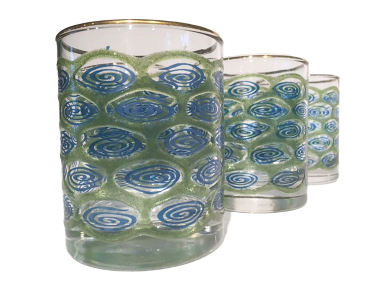 American Mid-20th Century Libbey Barware, Six Blue Swirl Vintage Rocks Glasses