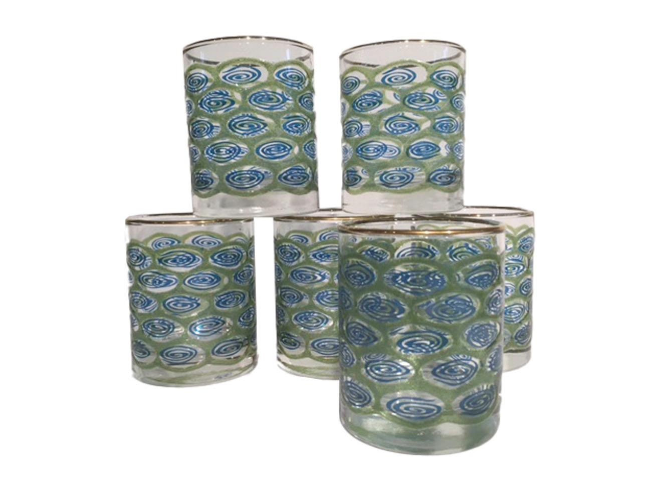 Enameled Mid-20th Century Libbey Barware, Six Blue Swirl Vintage Rocks Glasses