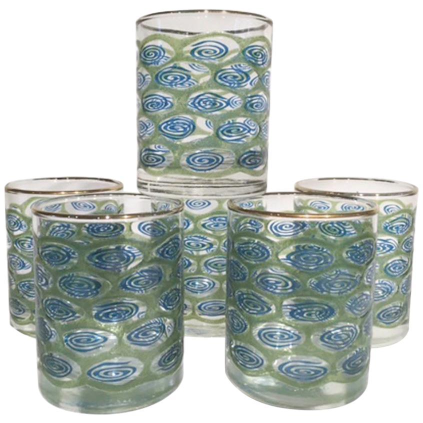 Mid-20th Century Libbey Barware, Six Blue Swirl Vintage Rocks Glasses
