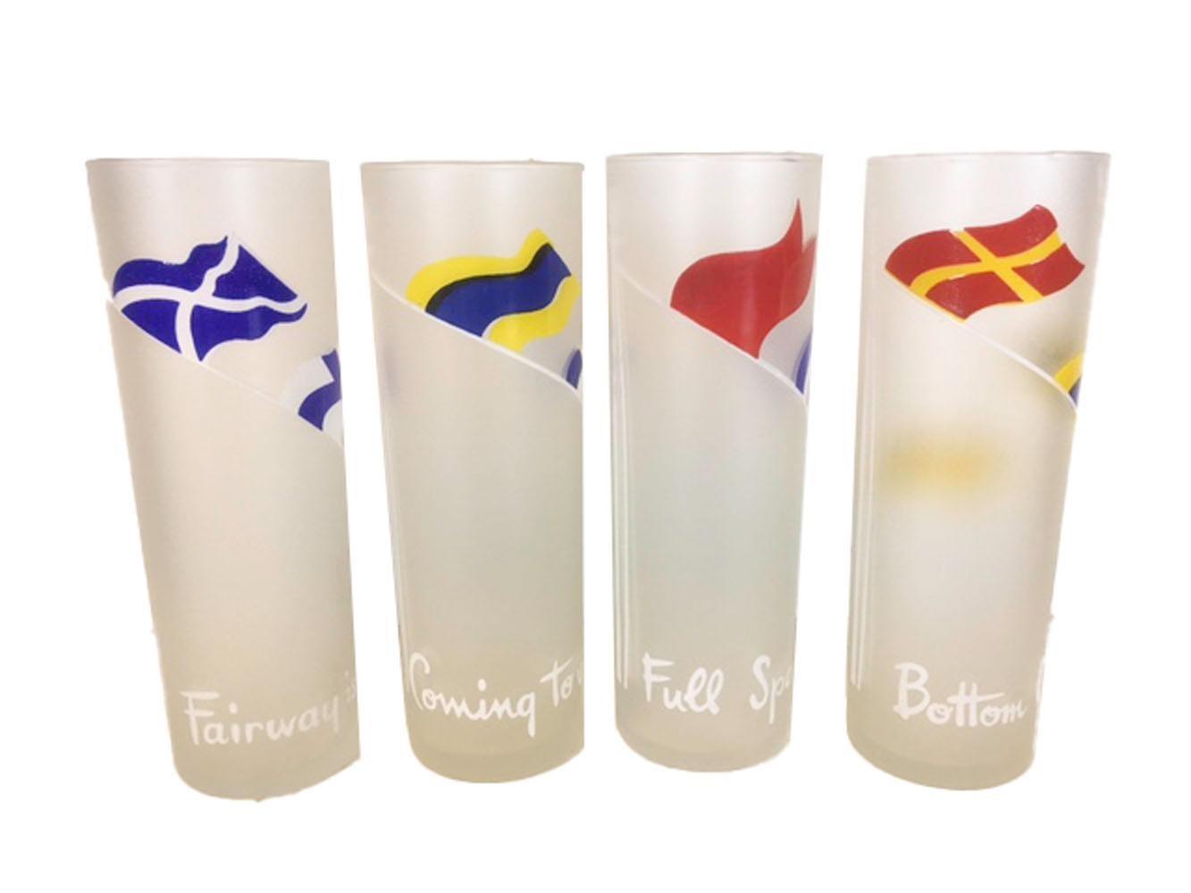 Set of 8 vintage, nautical themed cocktail glasses, each with a different set of signal flags and their meaning in brightly colored enamel on a frosted ground. The colorful enameled flags raised on a white flag pole with text at the bottom of each