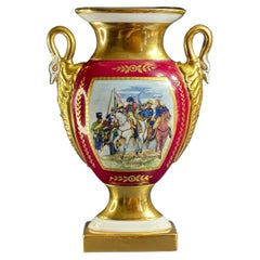 Mid-20th Century Limoges Porcelain Vase with Napoleon Scene and Swan Handles