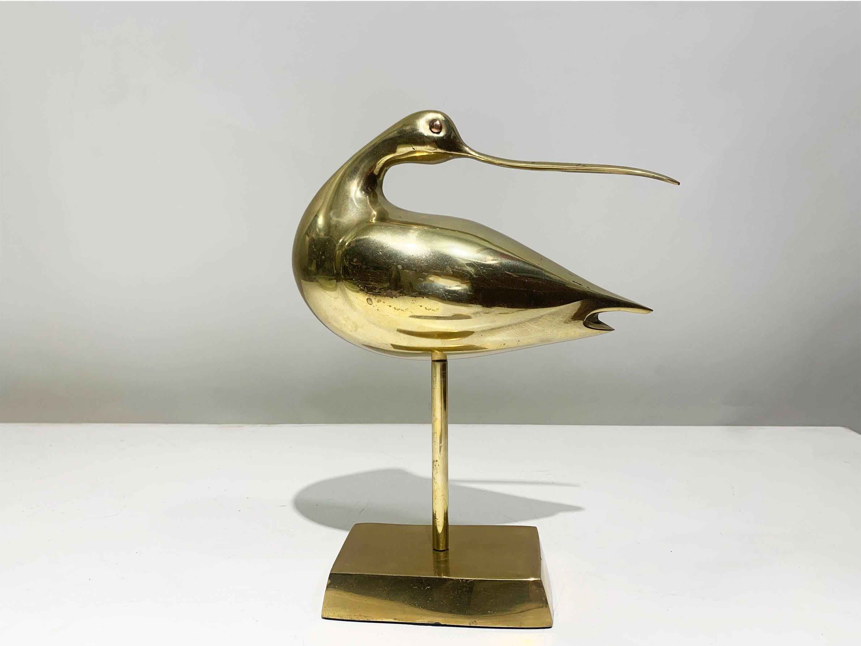 Art Deco Mid 20th Century Long Billed Curlew Bird Statue in Brass, 1970 For Sale