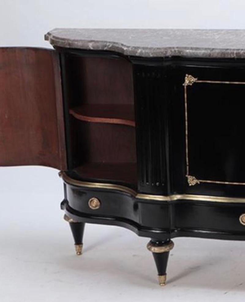 Wood Mid-20th Century Louis XVI Style Ebonized Marble Top Sideboard with Bronze Mount For Sale