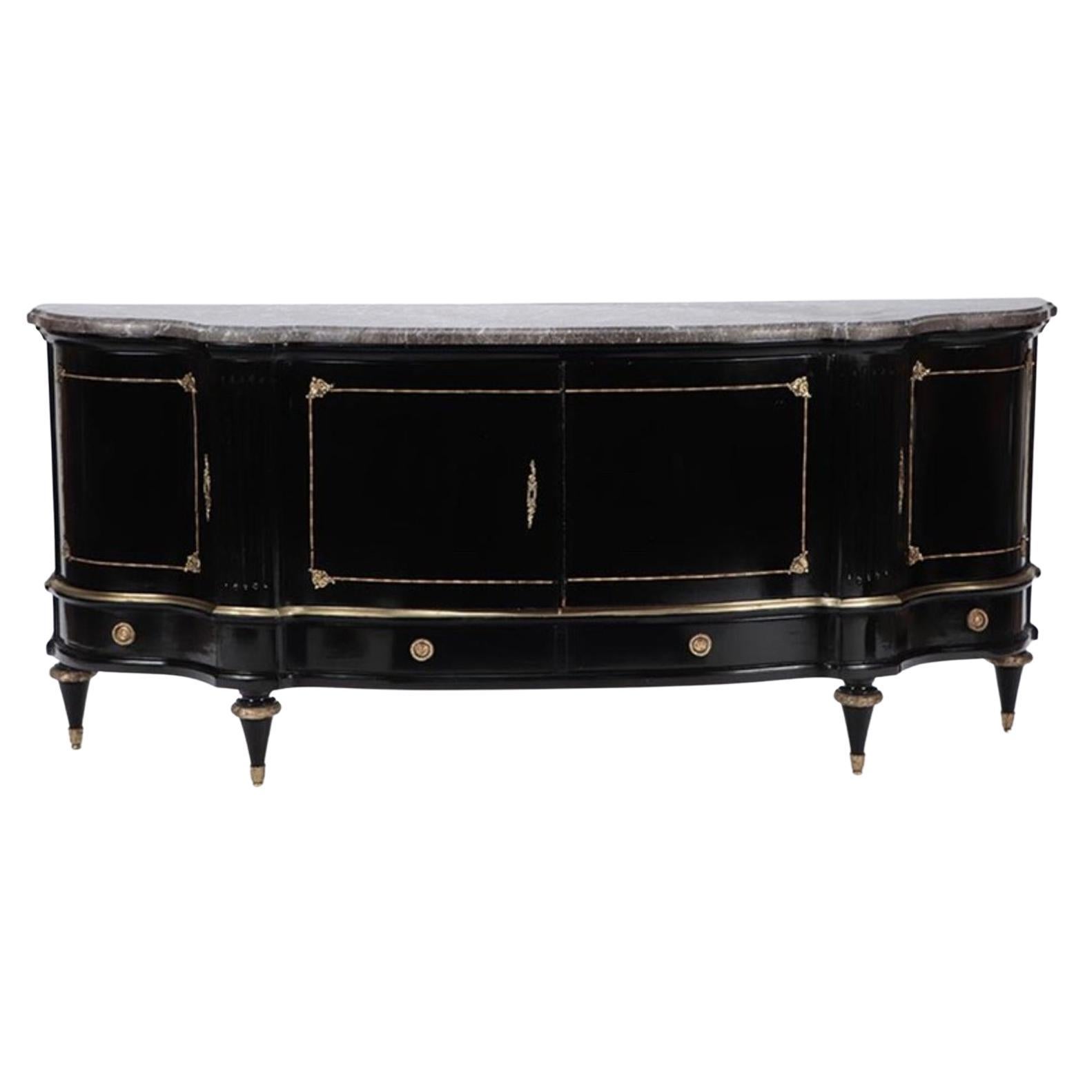 Mid-20th Century Louis XVI Style Ebonized Marble Top Sideboard with Bronze Mount For Sale