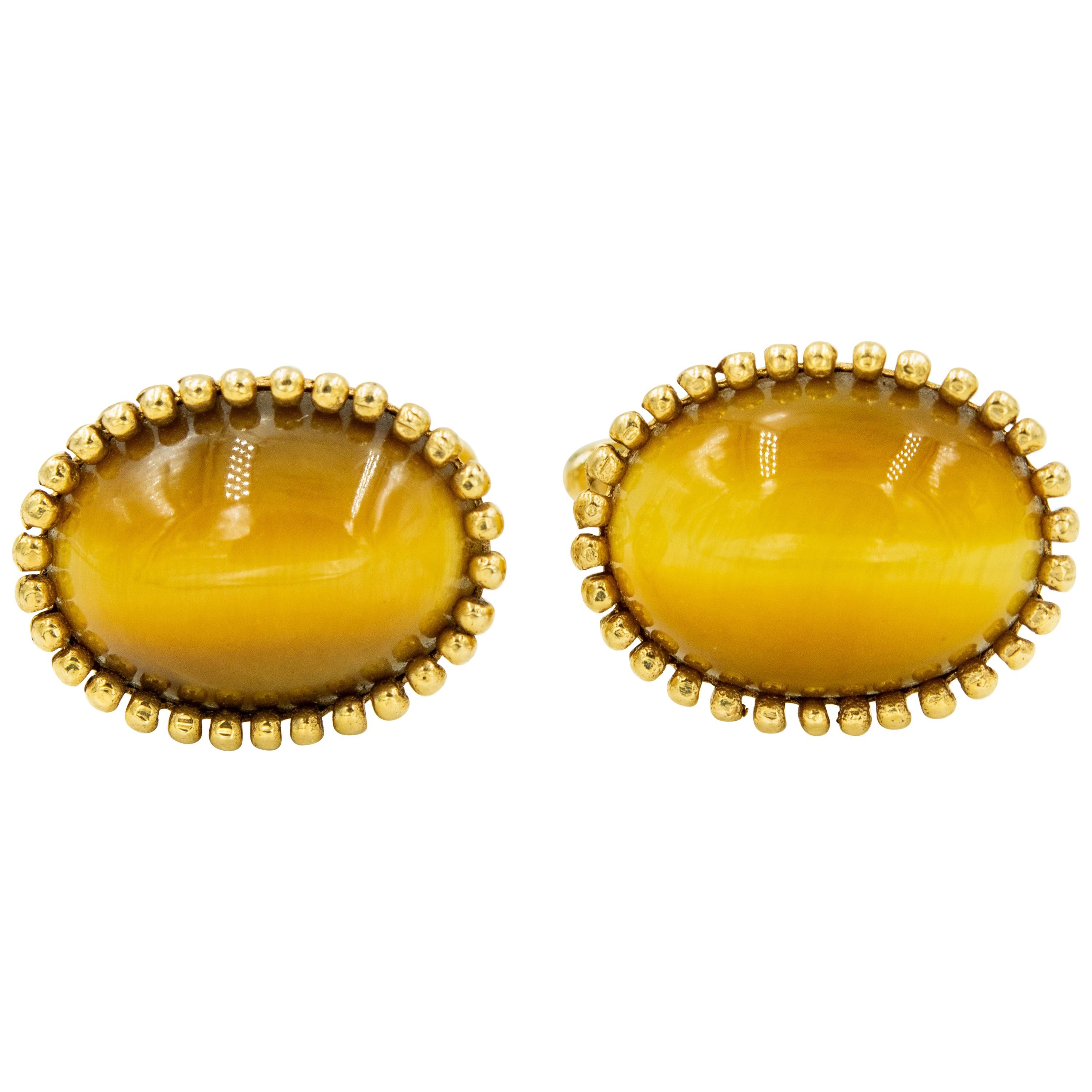 Mid-20th Century Lucien Piccard Tiger's Eye Yellow Gold Beaded Cufflinks For Sale