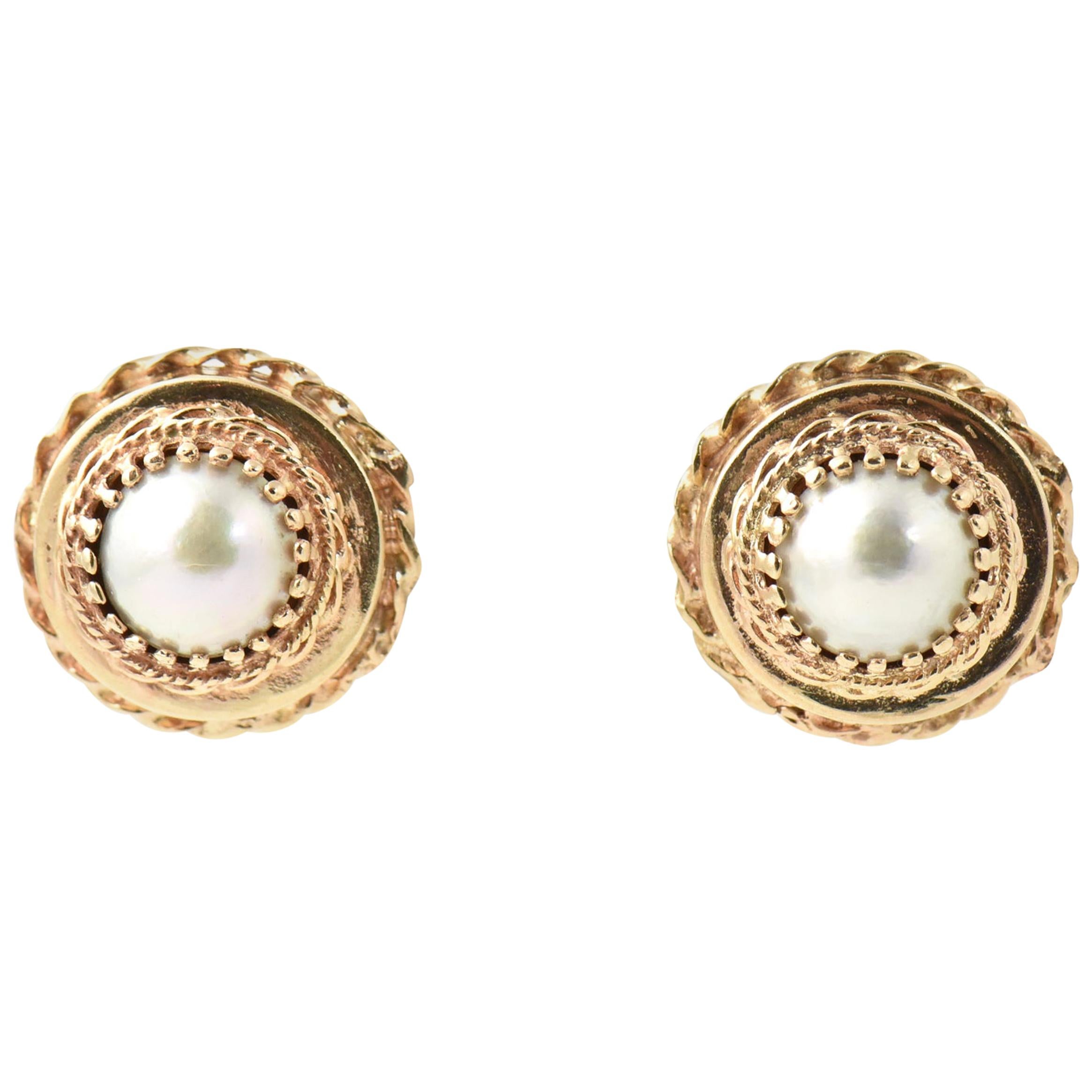 Mid-20th Century Mabe Pearl Yellow Gold Earrings