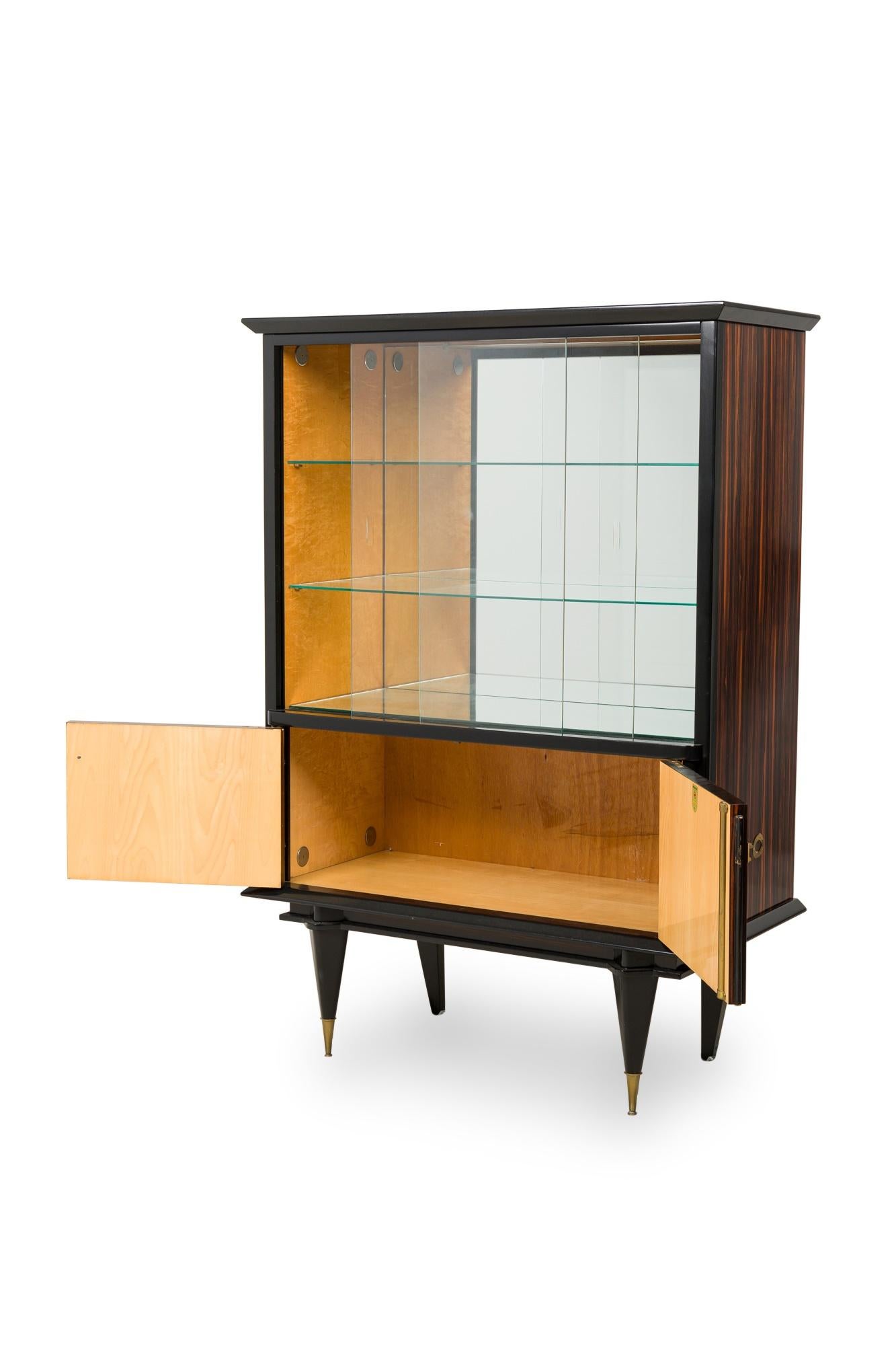 Hand-Carved Mid 20th Century Macassar Ebony Wood Art Deco Style Vitrine Cabinet For Sale