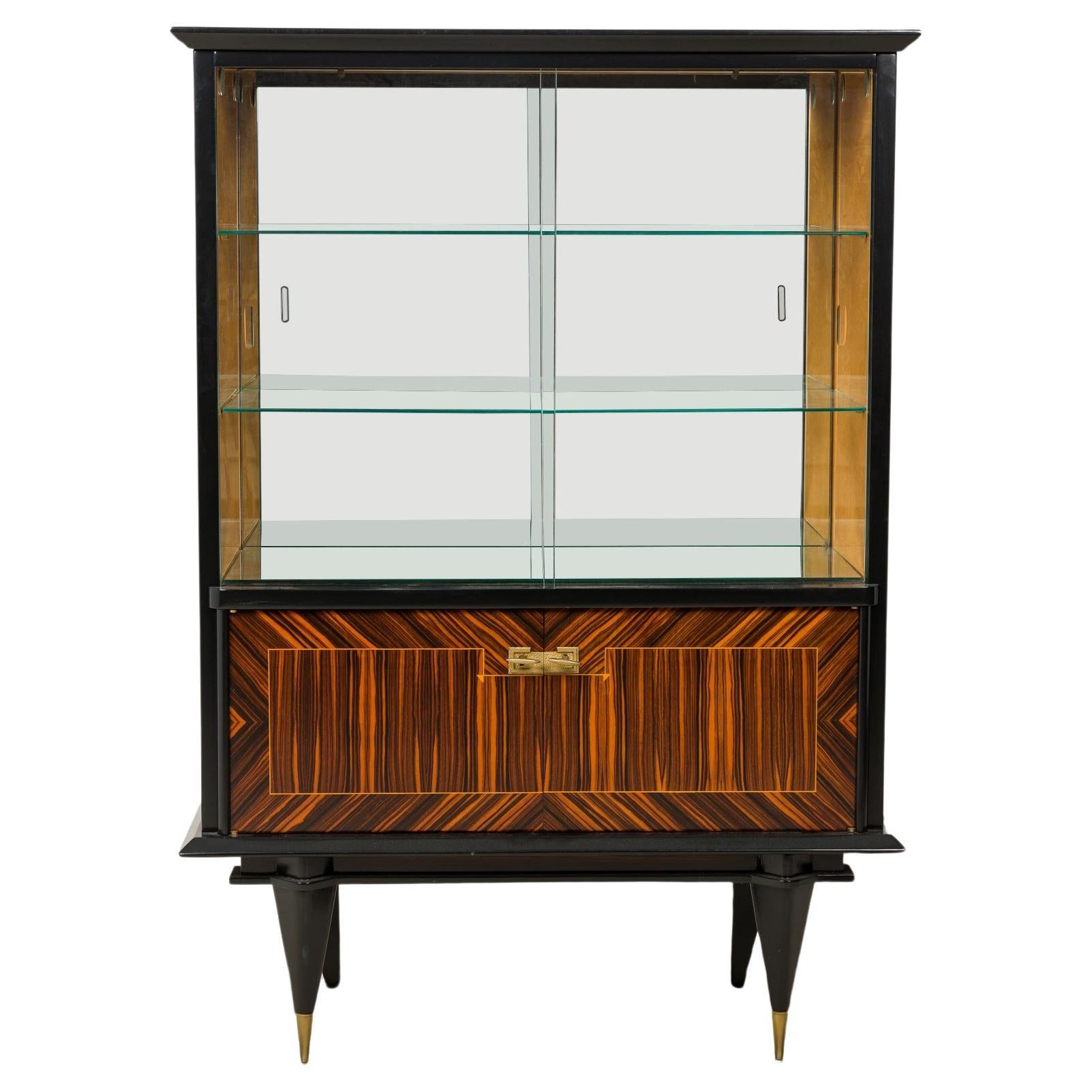 Mid 20th Century Macassar Ebony Wood Art Deco Style Vitrine Cabinet For Sale