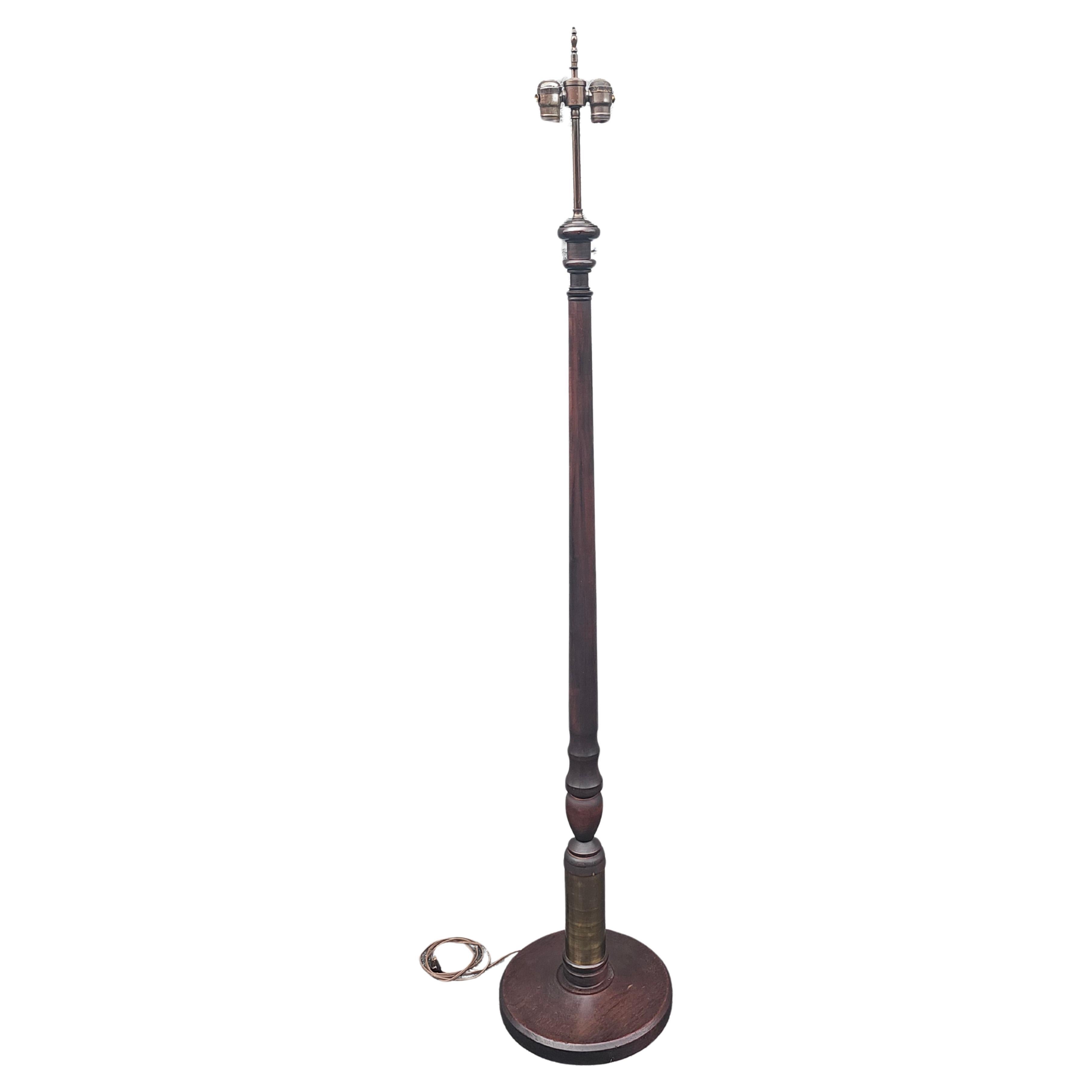 Mid-20th Century Mahogany and Brass Inset Dual Lights Floor Lamp For Sale