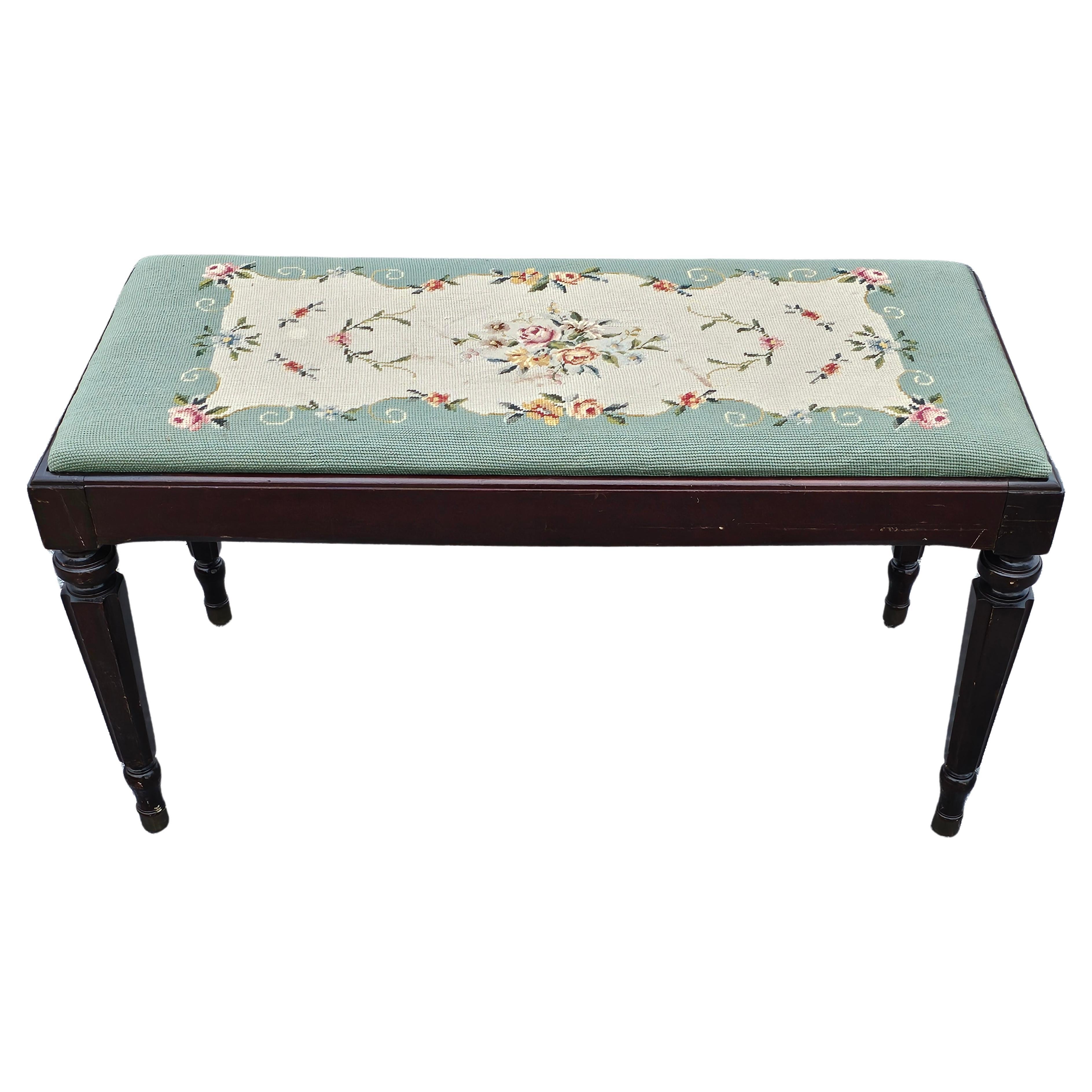 Needlework Mid 20th Century Mahogany and Needlepoint Upholstered Storage Bench For Sale