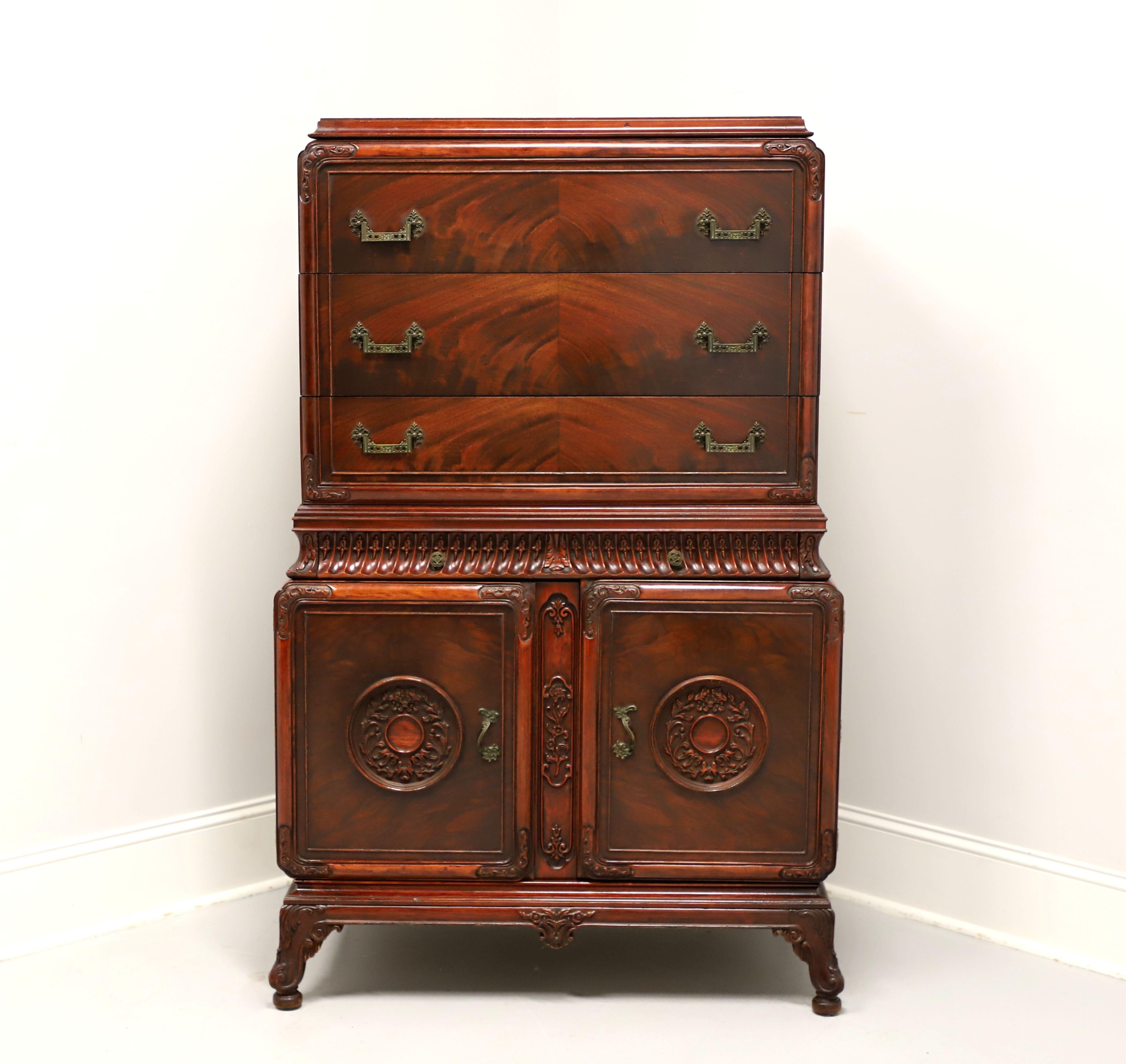 An Asian influenced chest on chest, unbranded, similar quality to Kindel or Rway. Mahogany with flame mahogany upper drawer fronts & top, decorative brass hardware, distinctive Asian styling, intricately carved middle drawer,   Chinoiserie elements