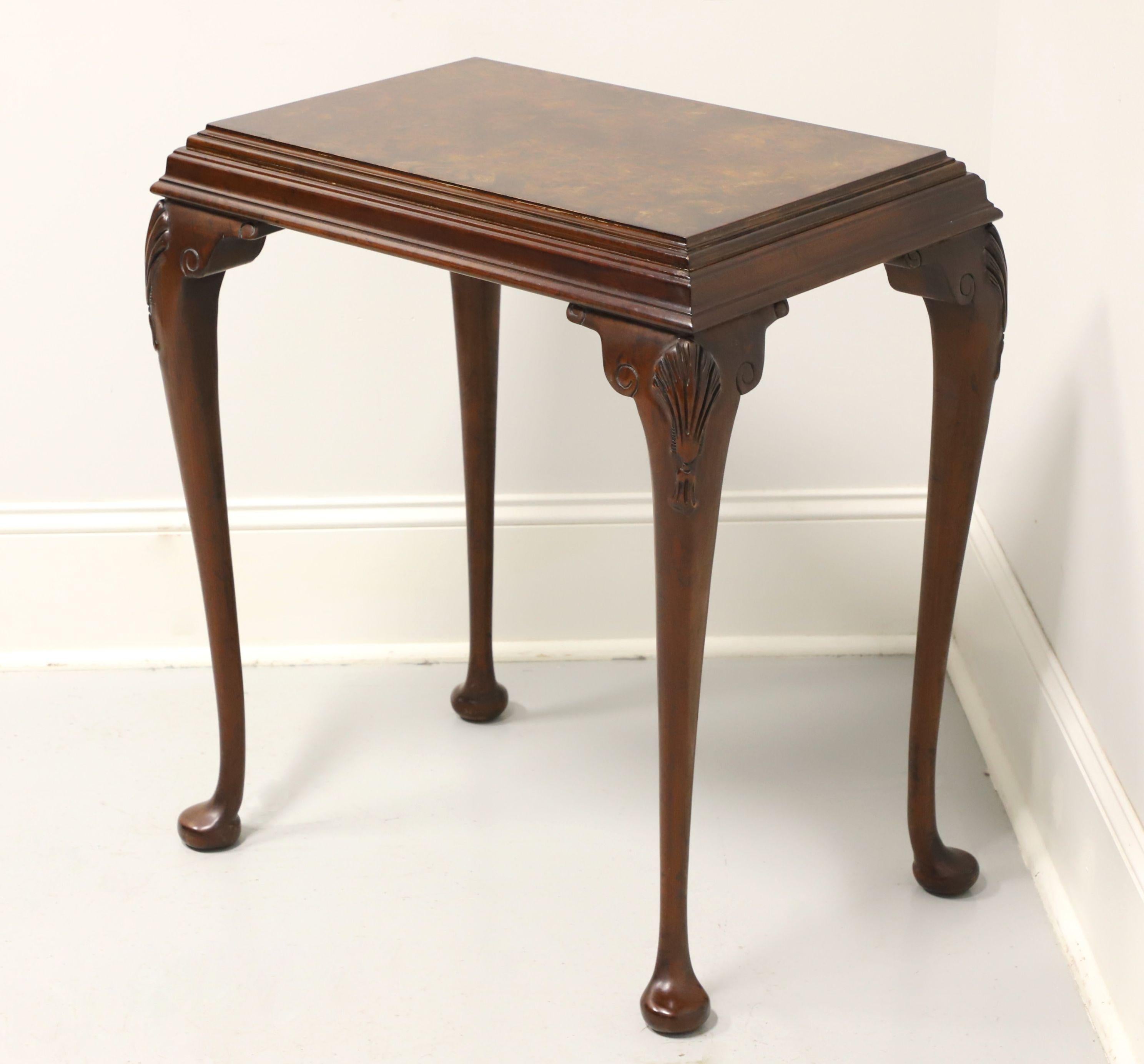 American Mid 20th Century Mahogany Burlwood Top Queen Anne End Side Table For Sale