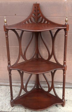 Mid 20th Century Mahogany Corner Shelf Intricate Fretwork and Brass Finials