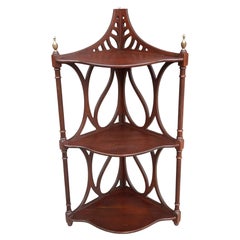 Mid 20th Century Mahogany Corner Shelf Intricate Fretwork and Brass Finials